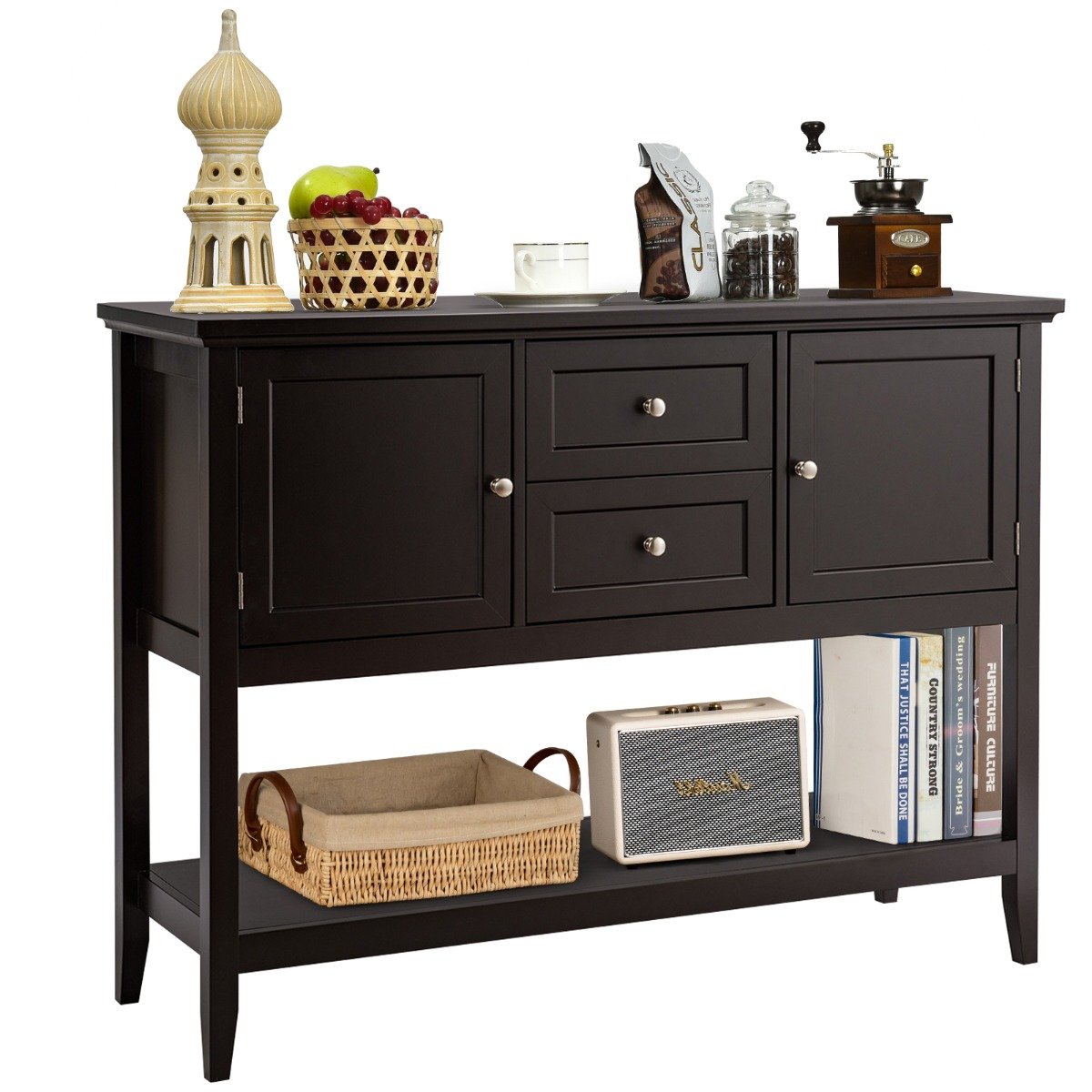Wooden Buffet Table with Spacious Tabletop and Large Storage Rack-Brown - Savings Store