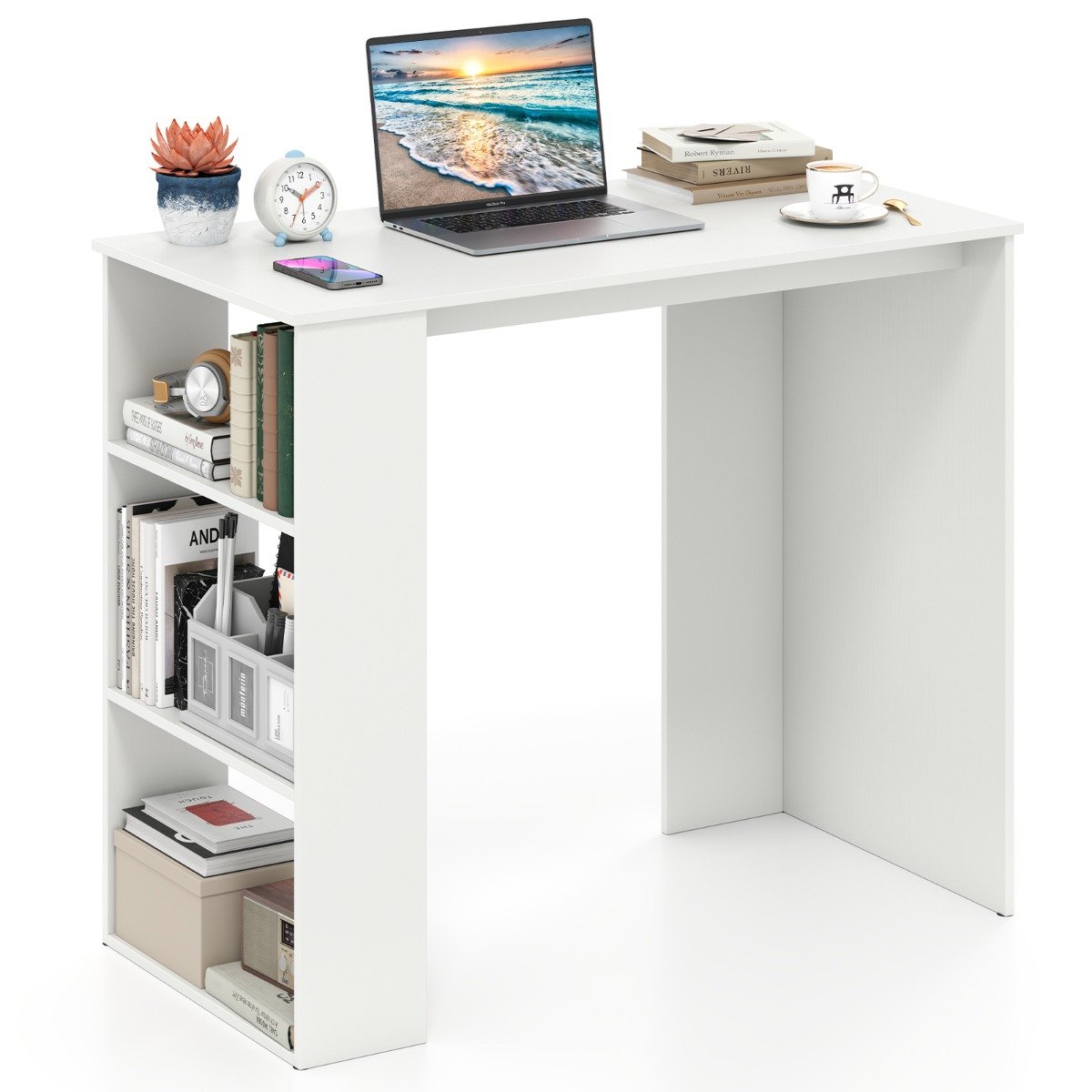 URARA Computer Desk with Bookshelf for Study Living Room-White - Savings Store