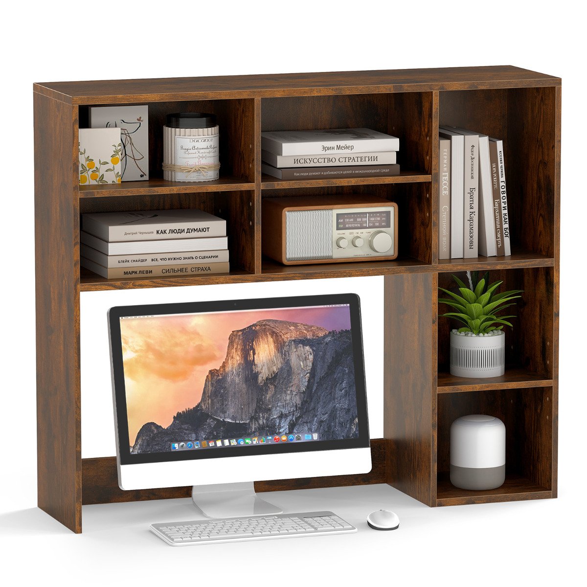 REENAN Desktop Bookshelf with 3 Adjustable Shelves and Open Compartment-Rustic Brown - Savings Store
