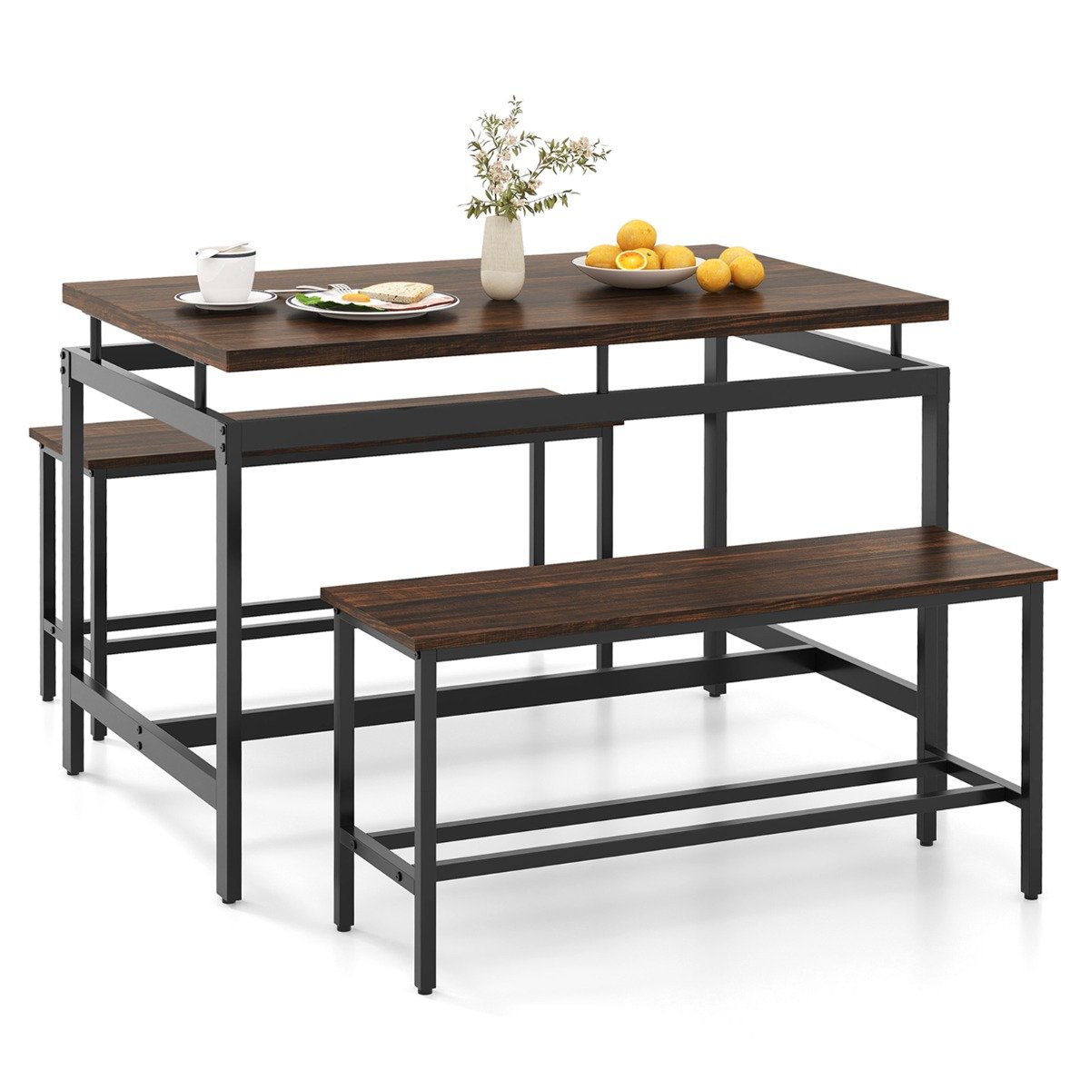 Dining Table Set - 3 PCS Kitchen Dining Room Furniture Set with 108cm Wooden Kitchen Table-Brown - Savings Store