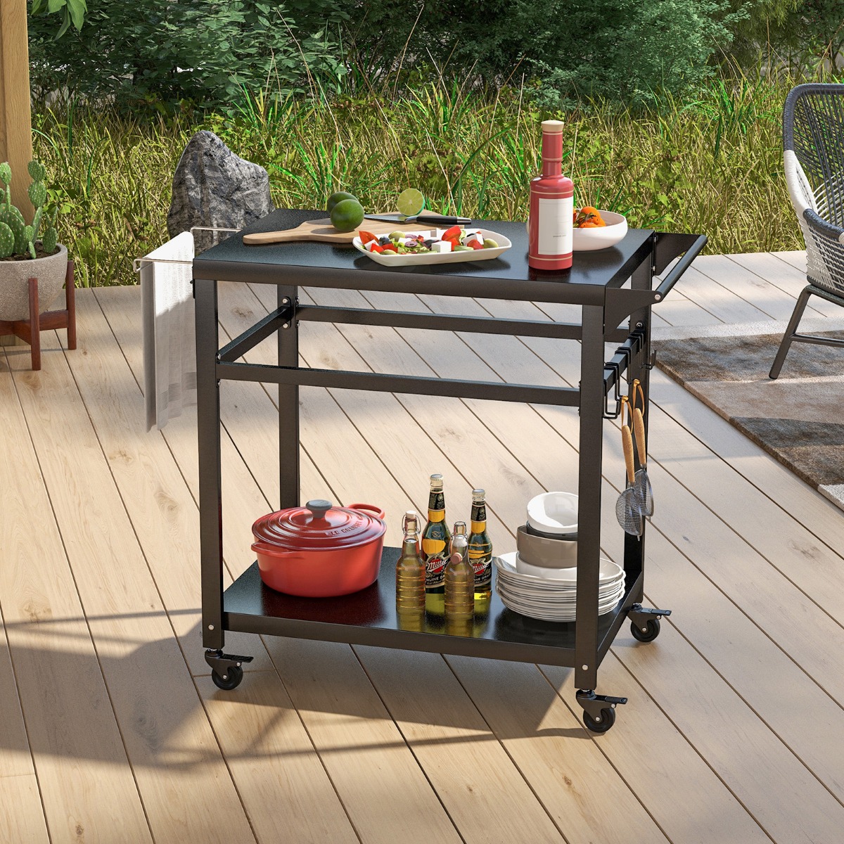 Double-Shelf Movable BBQ Cart with 4 Lockable Wheels and Side Handle-Black - Savings Store
