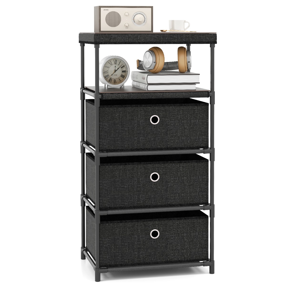 LAGOS Black Chest of Drawers - Tallboy, Medium-sized, 3 Fabric Drawers - Savings Store