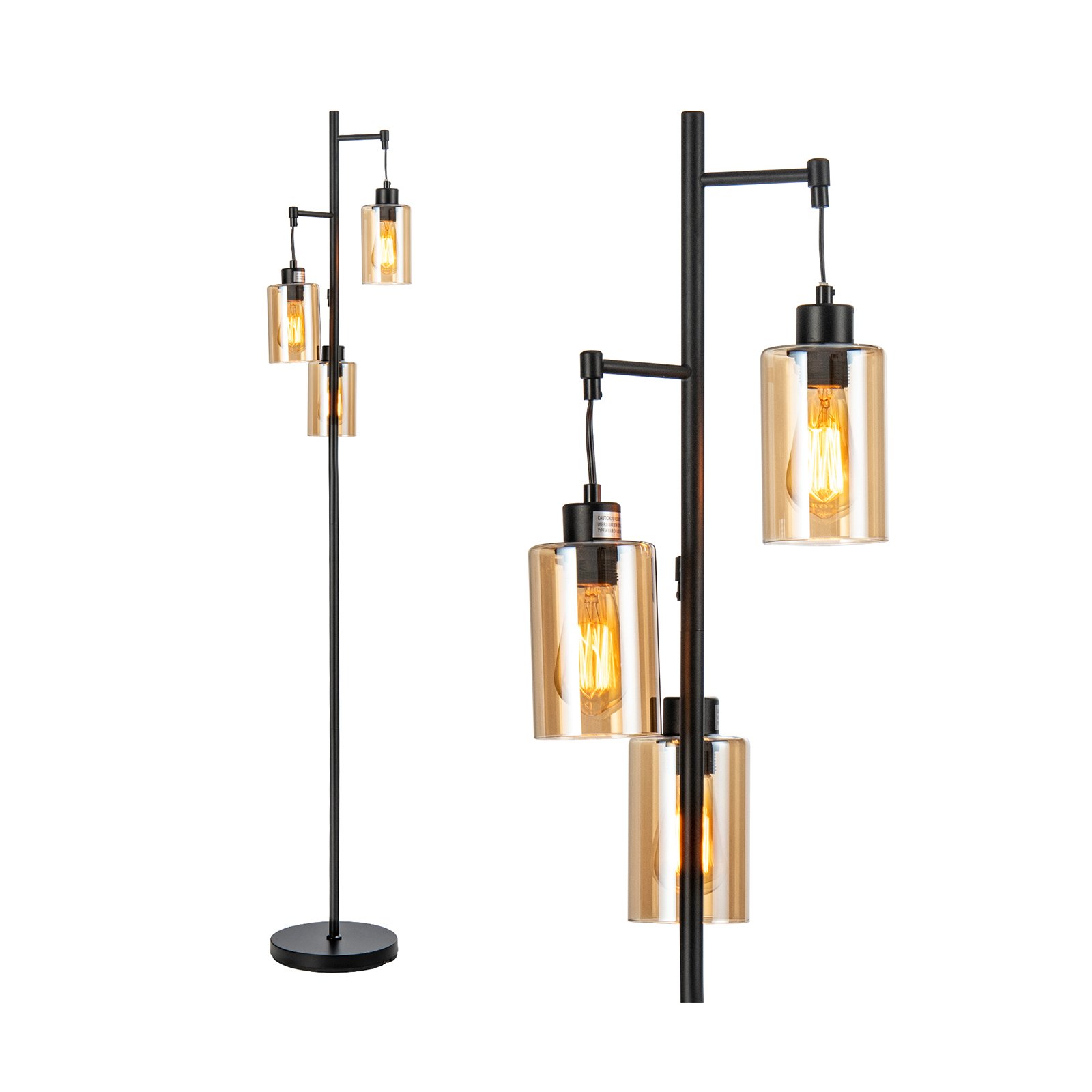 Floor Lamp - Freestanding Floor Lamp with 3-Head Hanging Amber Glass Shade - Savings Store