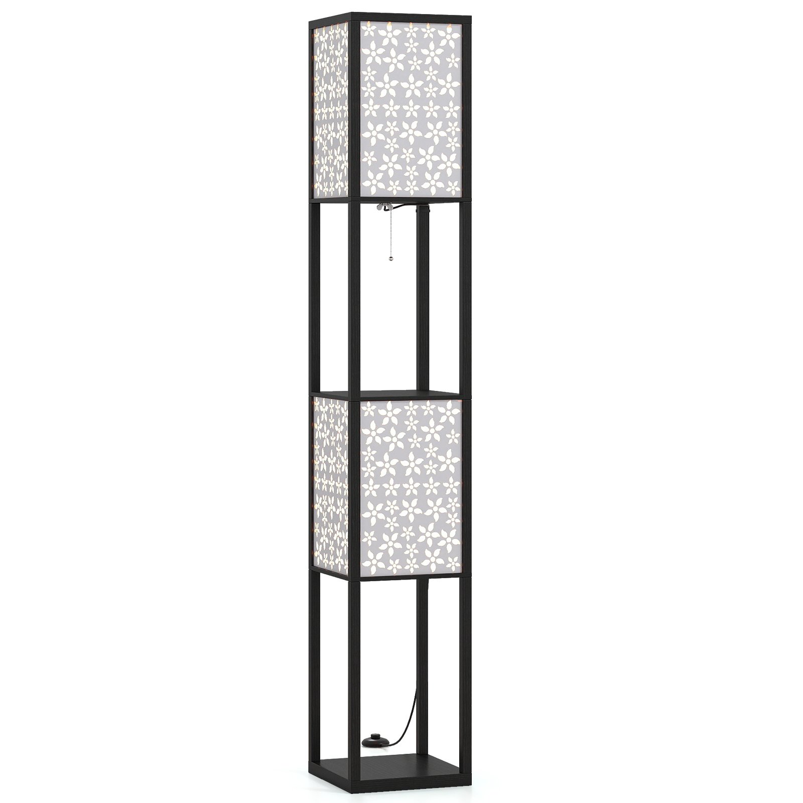 ARNWICKOR 2-Light Floor Lamp with Shelves Wooden Shelf Lamp with 2 Cut-out Patterned Lampshades-Size 2 - Savings Store