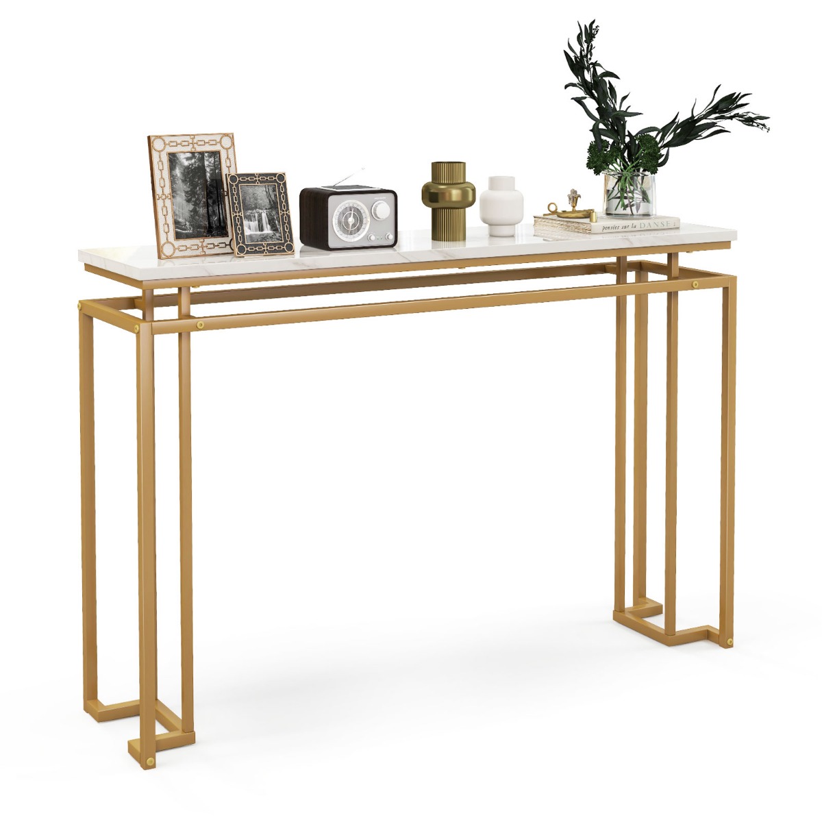 Gold Console Table with Faux Marble Tabletop and Geometric Metal Frame-White - Savings Store