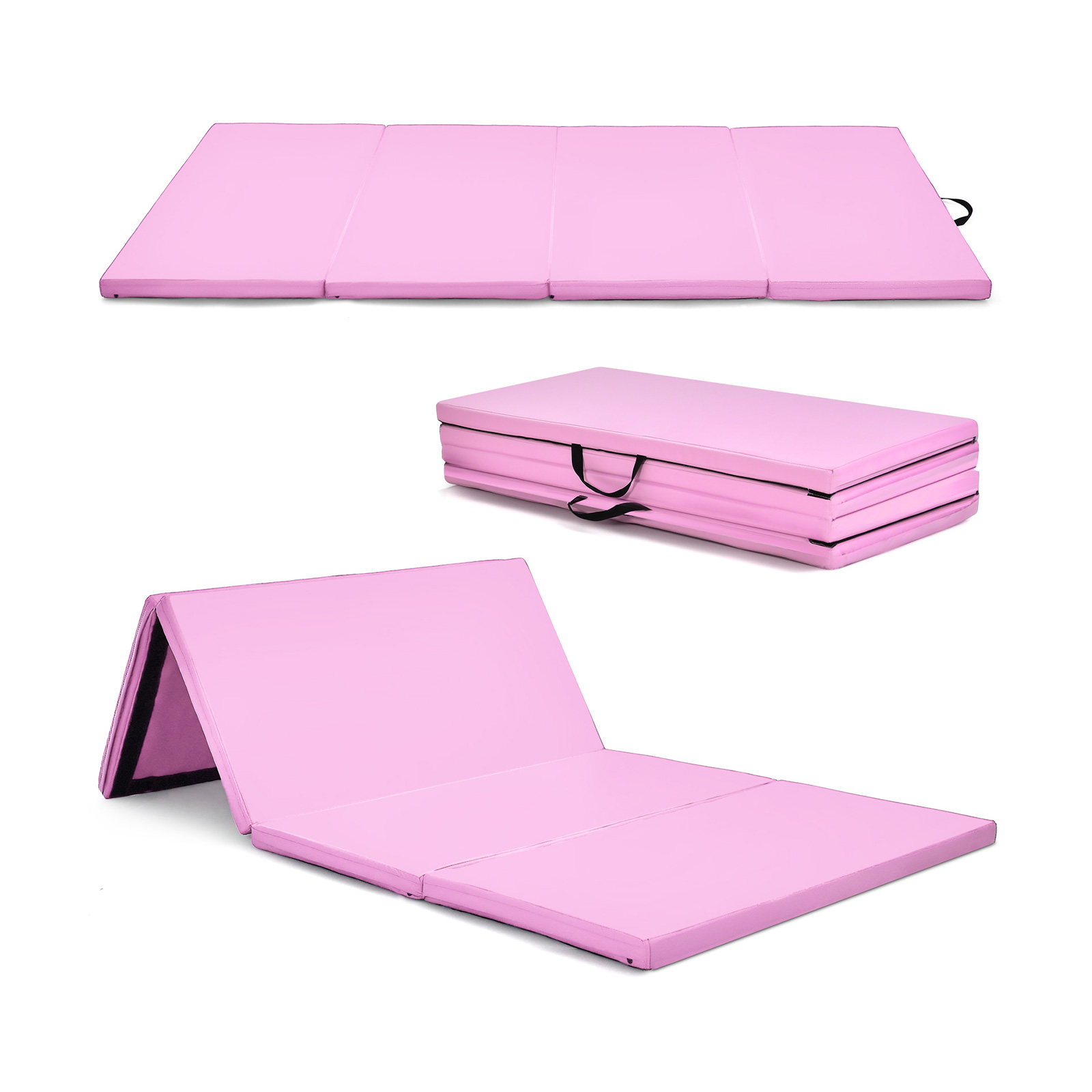 Folding Gymnastics Mat with Carry Handles, Hook and Loop Fasteners-Pink - Savings Store