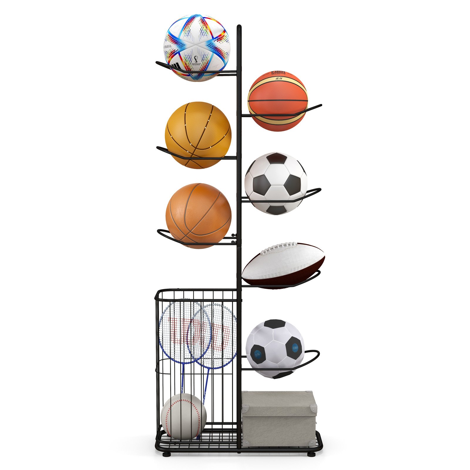 7-Tier Ball Storage Rack with Removable Hanging Rods and Side Basket - Savings Store