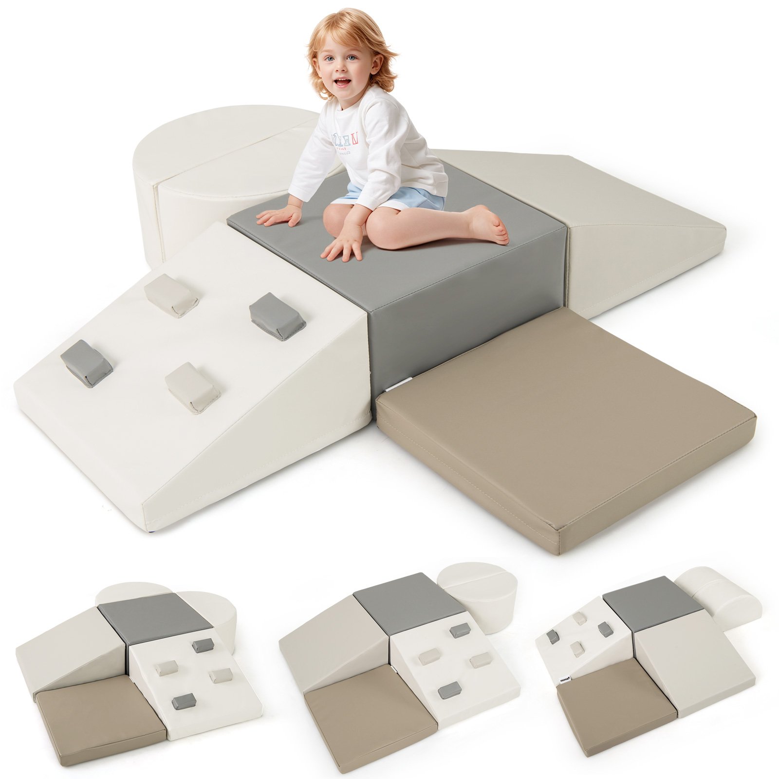 LOEN 6 Piece Foam Climbing Toys for Toddlers with PU Leather Cover-White - Savings Store