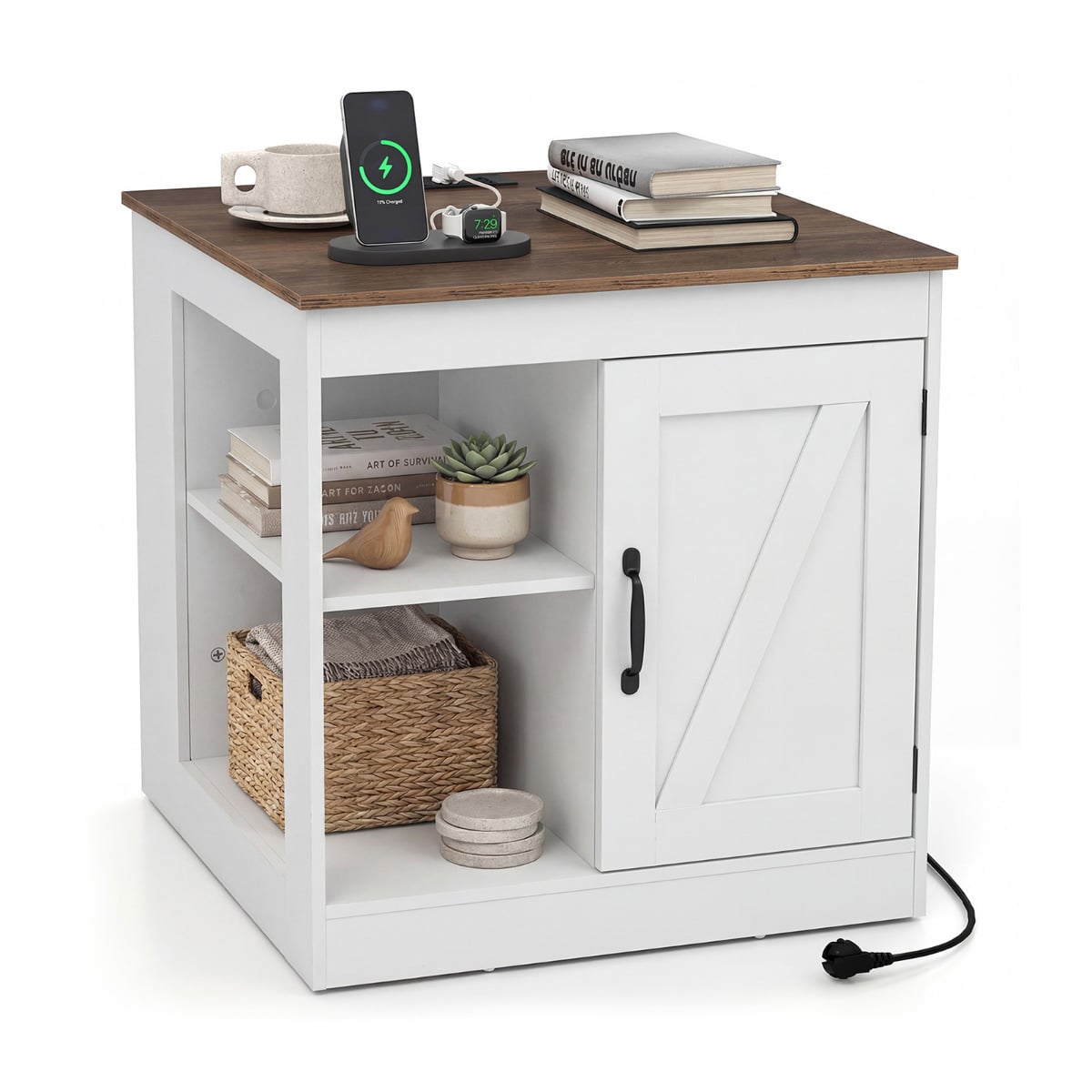 MAVOR Bedside Table with Charging Station & Shelf-White - Savings Store