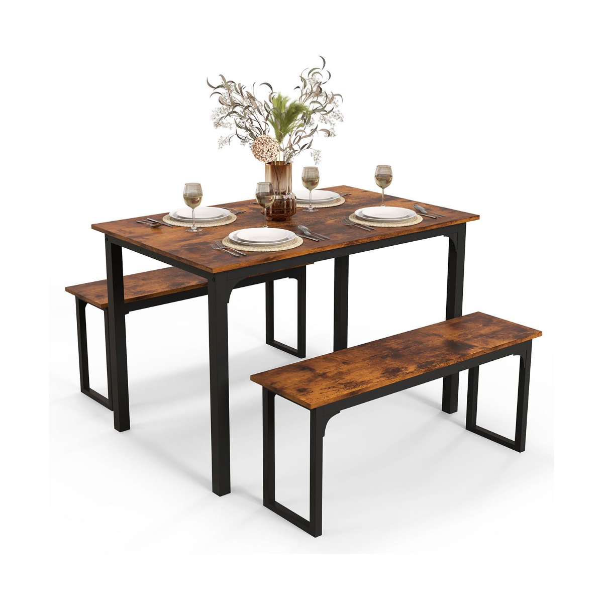 3 Pieces Space-Saving Dining Breakfast Table Set with 2 Benches-Coffee - Savings Store