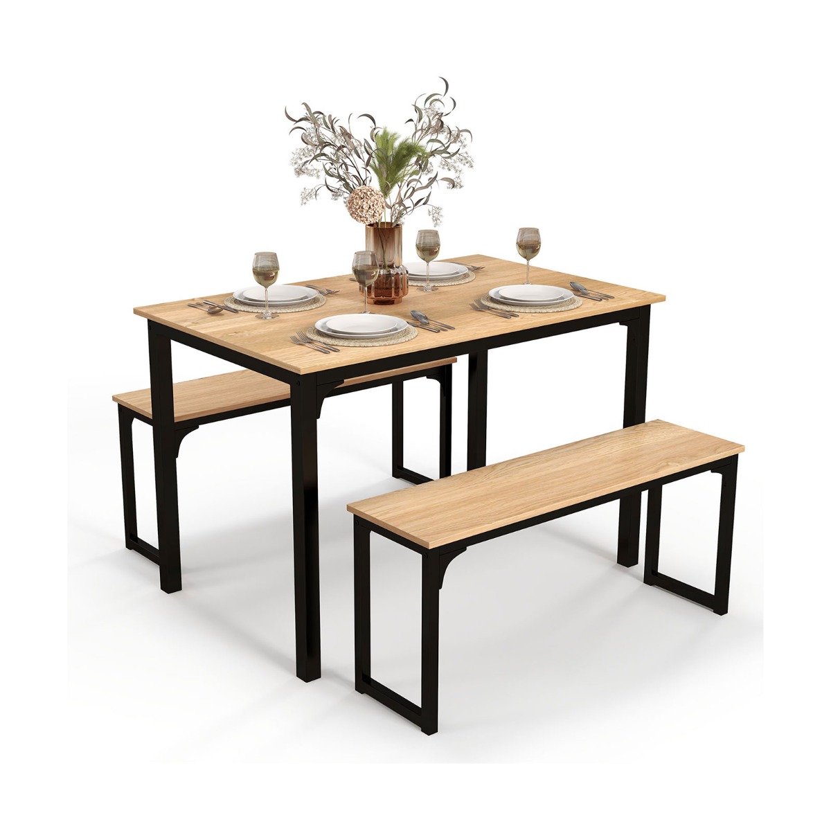 3 Pieces Space-Saving Dining Breakfast Table Set with 2 Benches-Natural - Savings Store