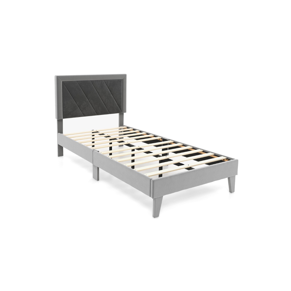 Single Bed - ALVA 3ft Wooden Bed with High Headboard and 12 Wooden Slats Gray and Black - Savings Store