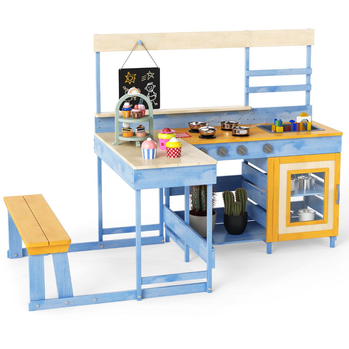 PENWYND Fir Wood Mud Kitchen with Kids Picnic Table Play Kitchen-Blue - Savings Store