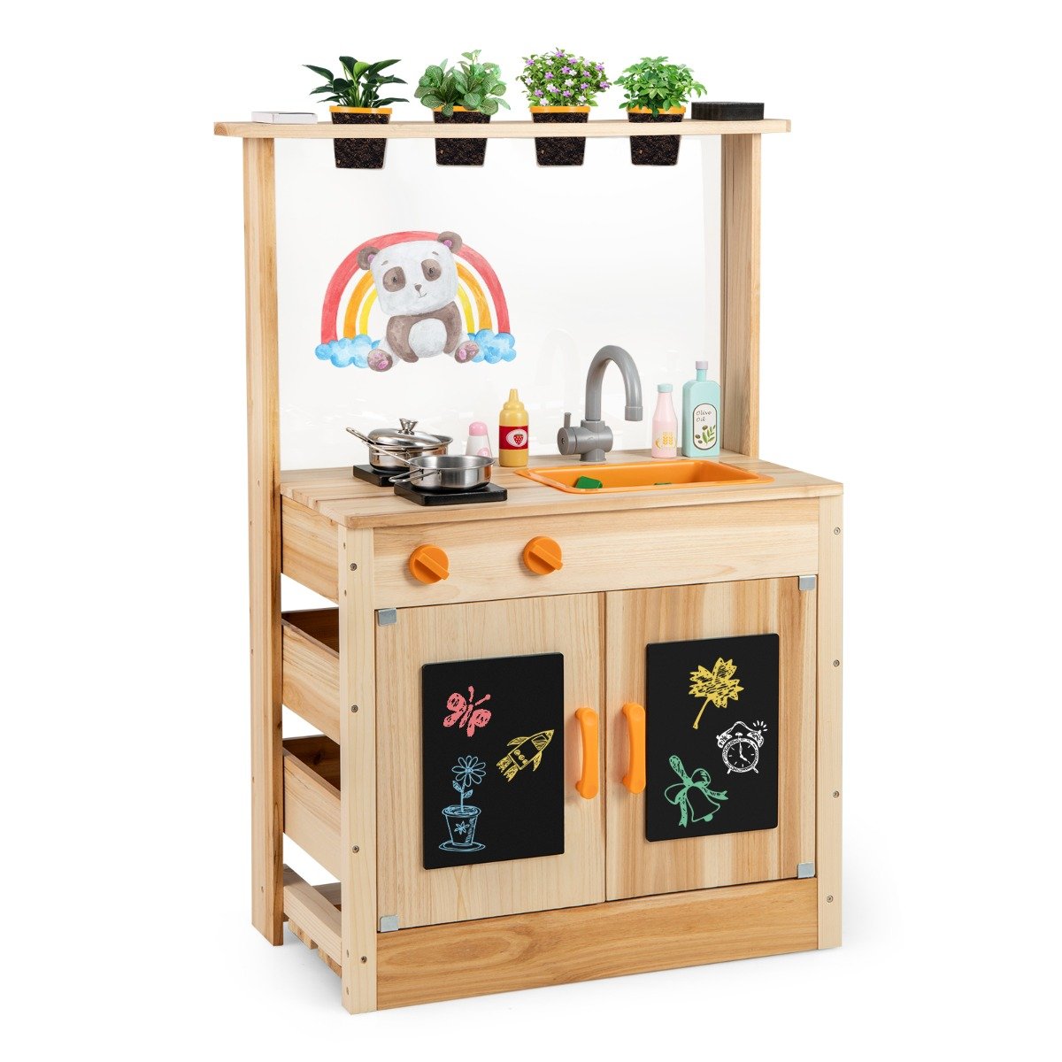 Fir Wood Play Kitchen with Planting Pots and Removable Sink for Backyard Garden-Natural - Savings Store