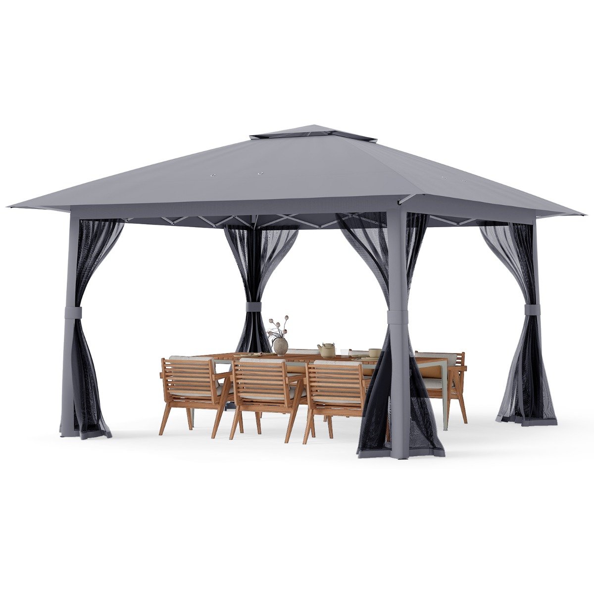 Foldable Canopy Tent with Mesh Netting and Double Roof -Grey - Savings Store