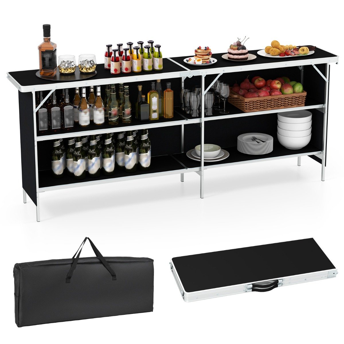 Aluminum Portable Picnic Table with 2-Tier Open Shelves and Spacious Tabletop-Black - Savings Store