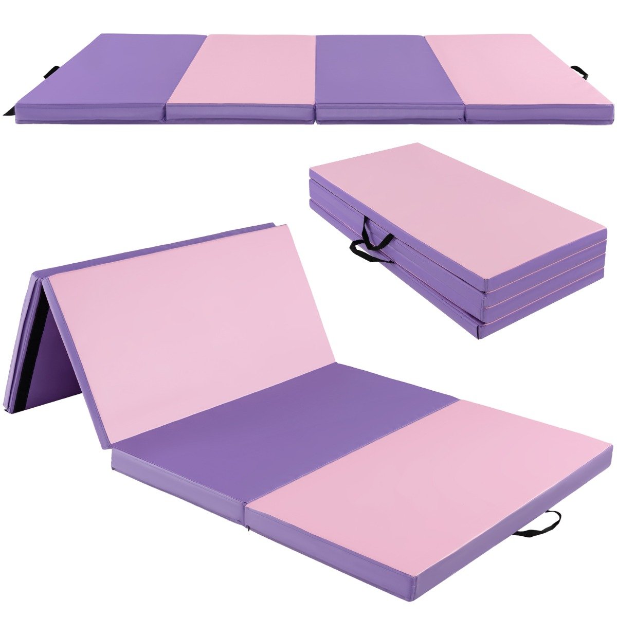 Yoga Mat - Folding Gymnastics Mat with Carry Handles Hook and Loop Fasteners-Pink & Purple - Savings Store