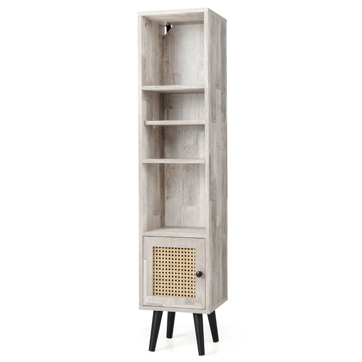 Freestanding Slim Cabinet with Rattan Door and Solid Wood Legs-Grey - Savings Store