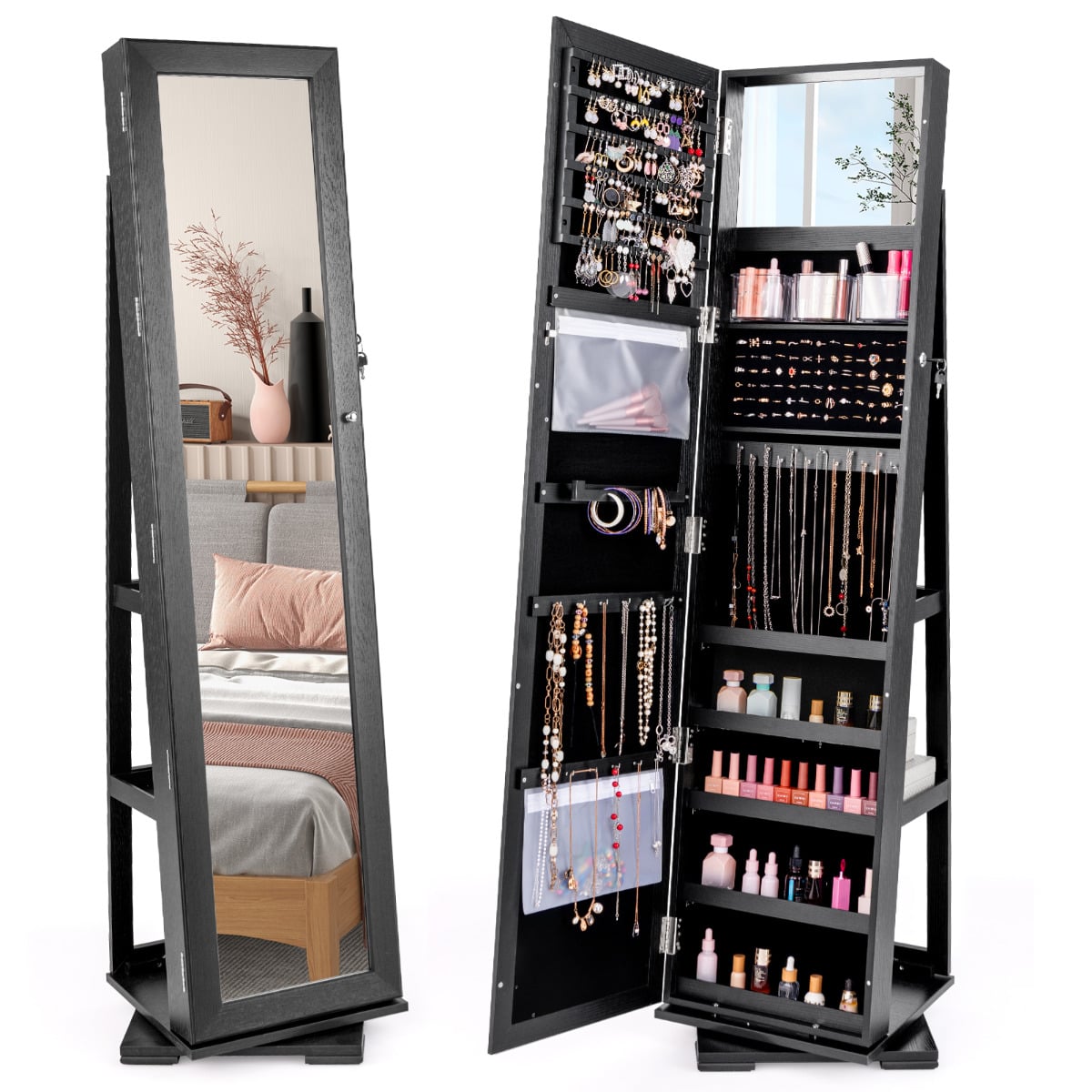 ONZEAL Full Length Mirrored Jewellery Cabinet Rotates 360° with Open Display Shelves-Black - Savings Store
