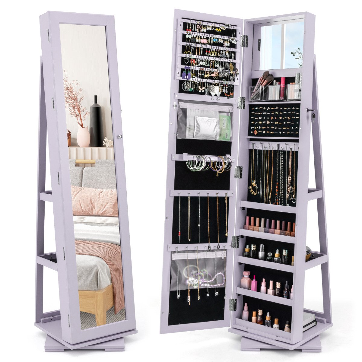 ONZEAL Full Length Mirrored Jewellery Cabinet Rotates 360° with Open Display Shelves-Purple - Savings Store