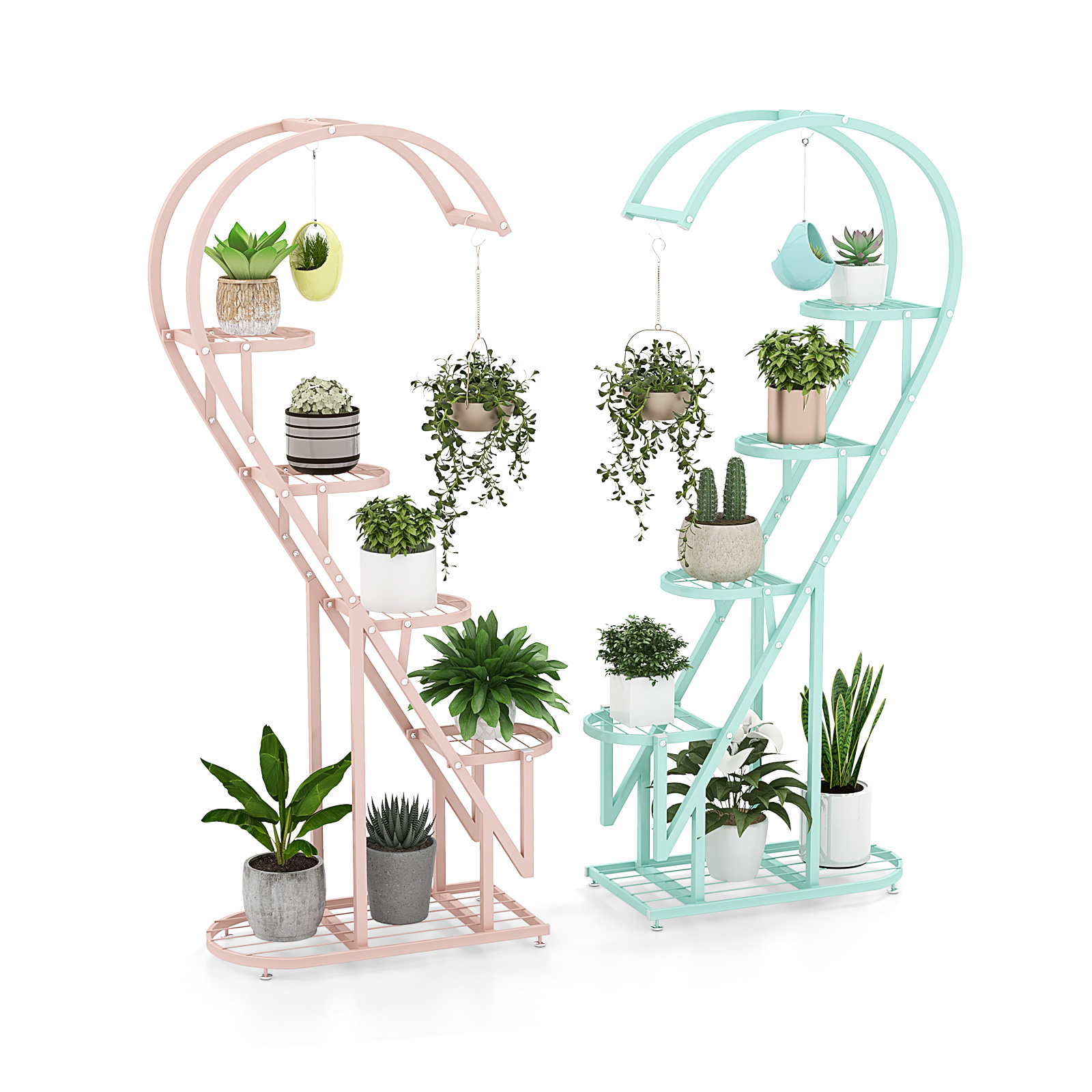 5-Tier Metal Heart-shaped Plant Stand with Hanging Hooks-Pink & Blue - Savings Store