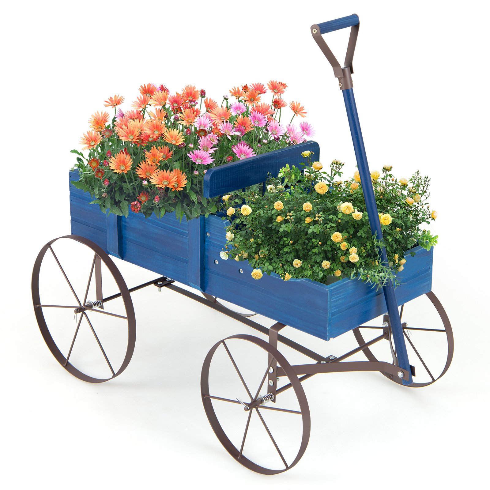Plant Trolley - Wood Wagon Flower Planter with Wheels and 2 Planting Sections-Blue - Savings Store
