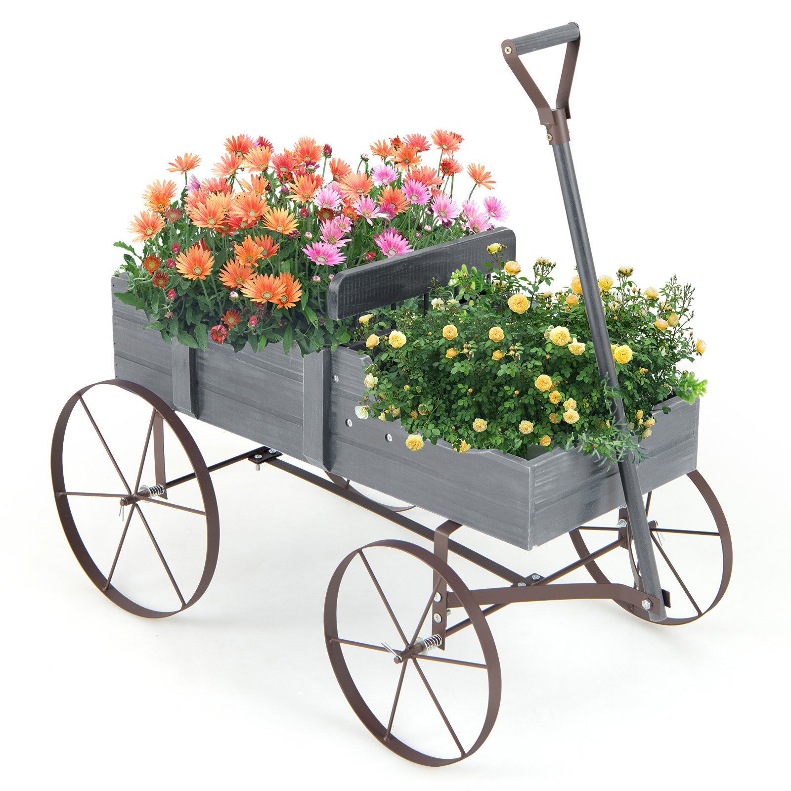 Plant Trolley - Wood Wagon Flower Planter with Wheels and 2 Planting Sections-Grey - Savings Store
