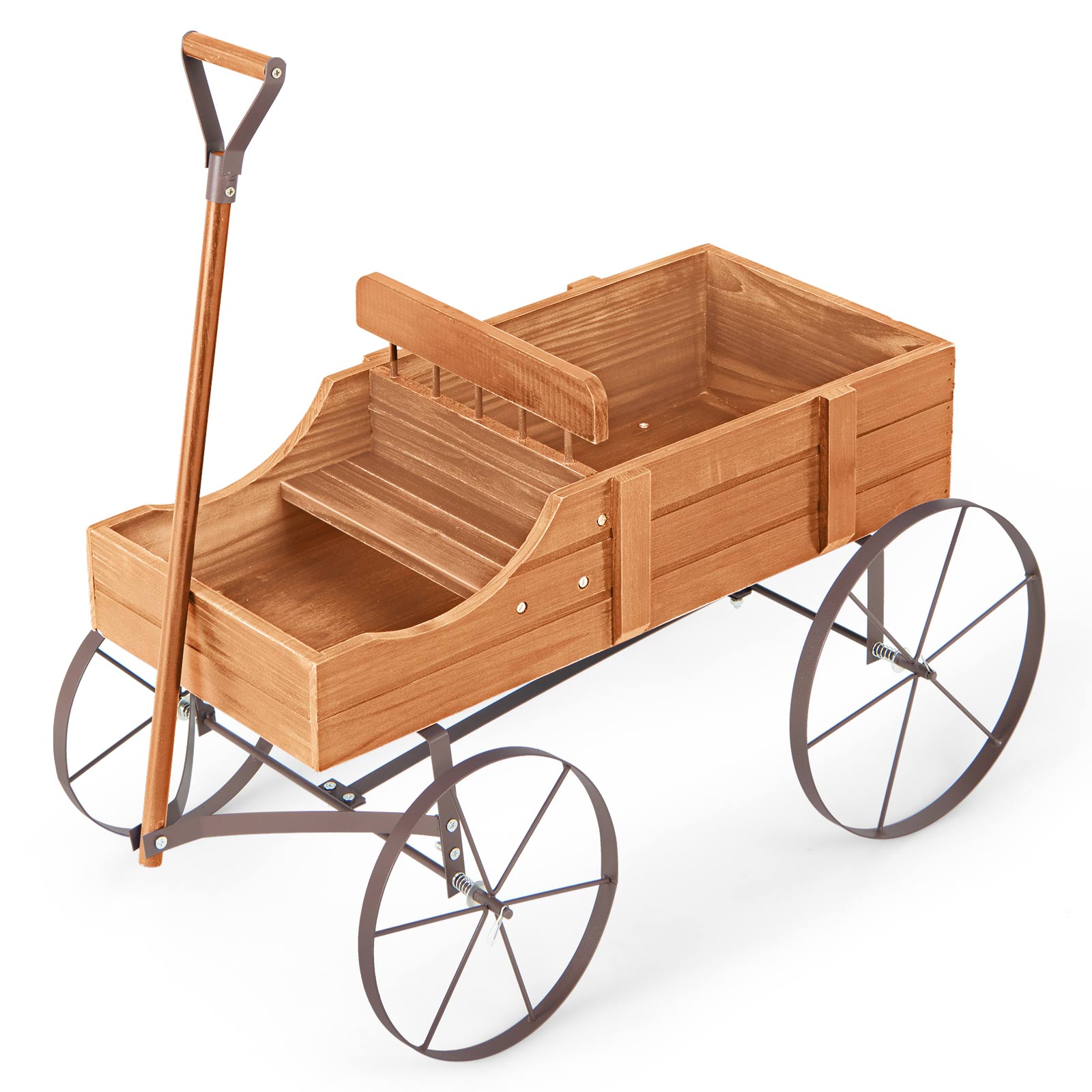 Wood Wagon Flower Planter with Wheels and 2 Planting Sections-Orange - Savings Store
