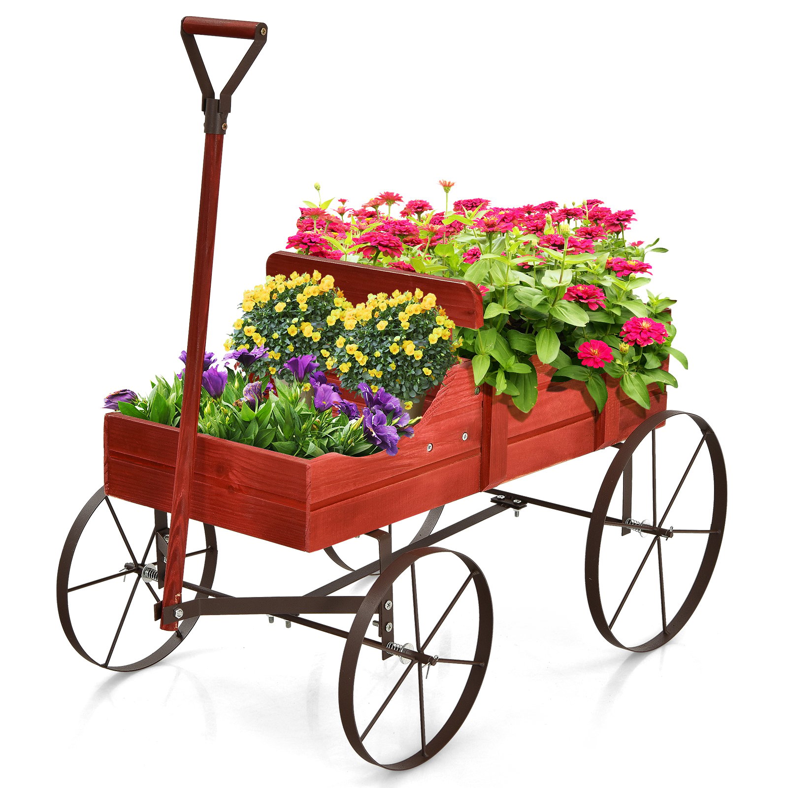 Plant Trolley - Wood Wagon Flower Planter with Wheels and 2 Planting Sections-Red - Savings Store