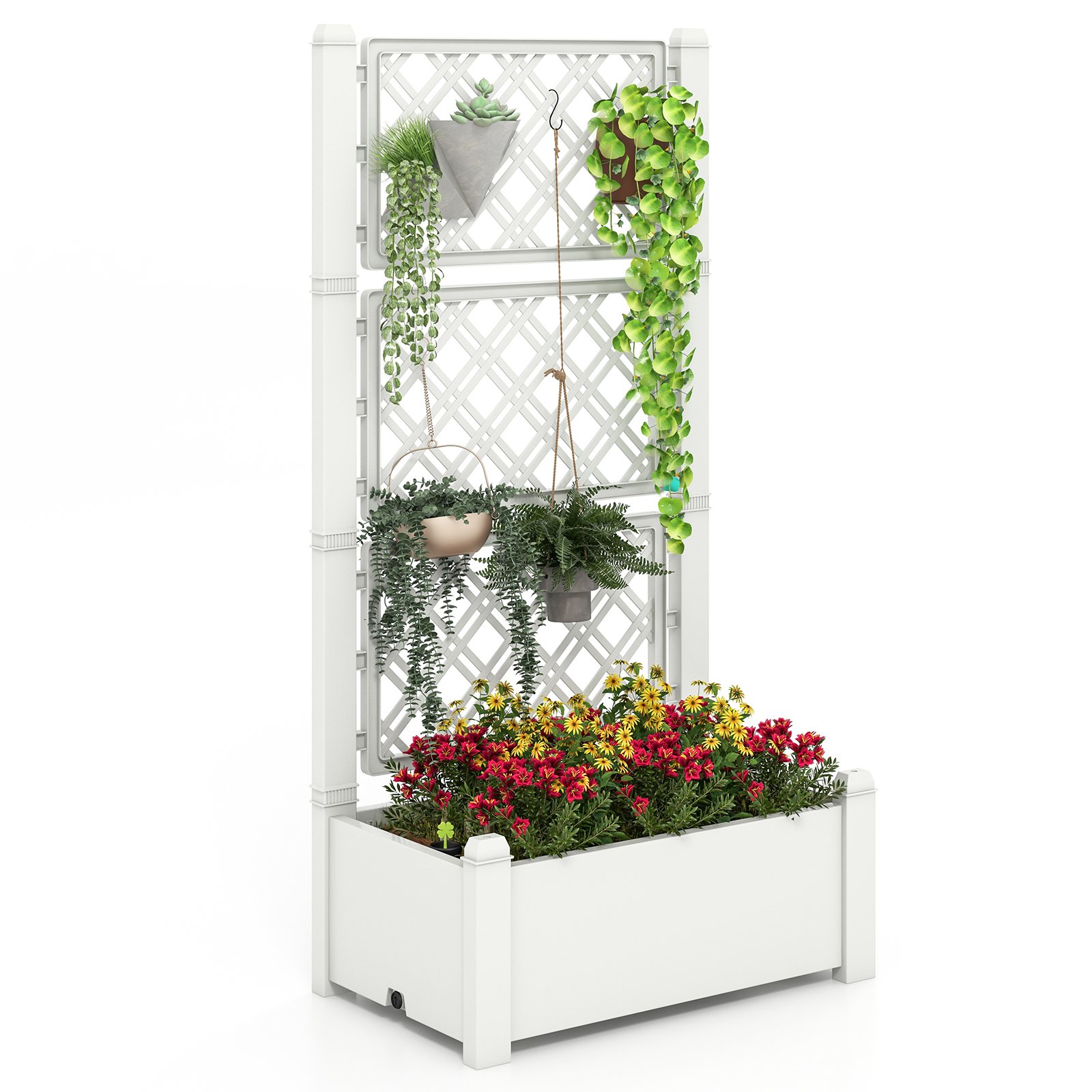 Raised Bed - Self-Watering Standing Planter Box Lattice Panels for Vine Climbing Fruits Vegetables-White - Savings Store