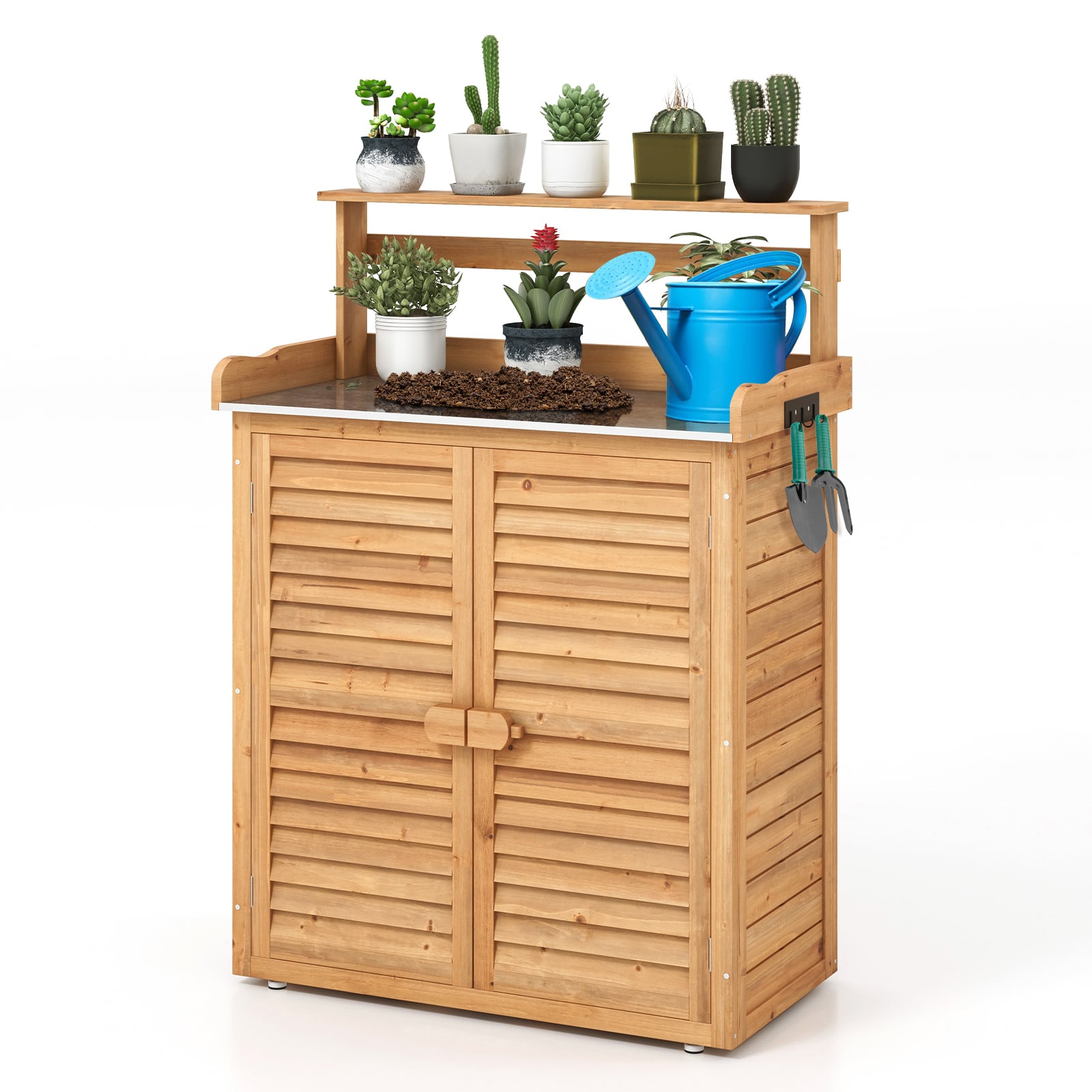 Wooden Storage Cabinet with Galvanized Metal Countertop-Natural - Savings Store