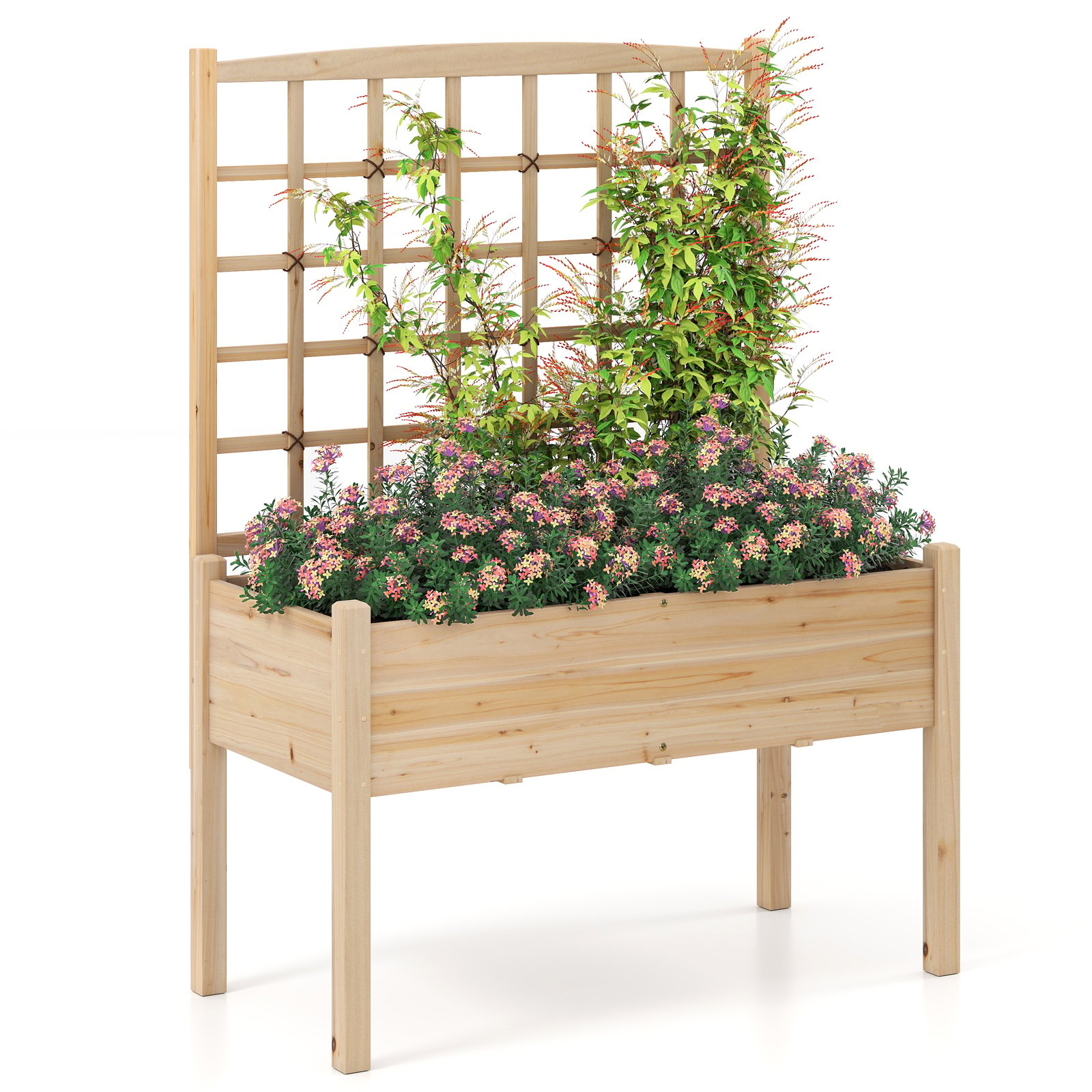 Wooden Raised Garden Bed with Lattice Trellis and Drainage Holes-Natural - Savings Store