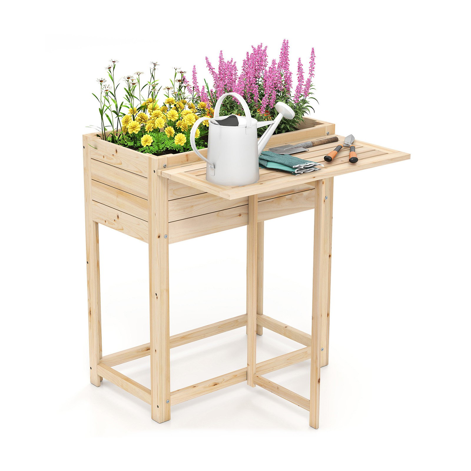 63 x 34 x 74 cm Wooden Raised Garden Bed with Legs and Foldable Side Table - Savings Store