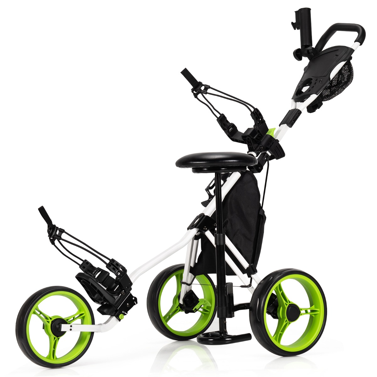 Golf Push Pull Cart with Storage Bag and Foot Brake-Green - Savings Store