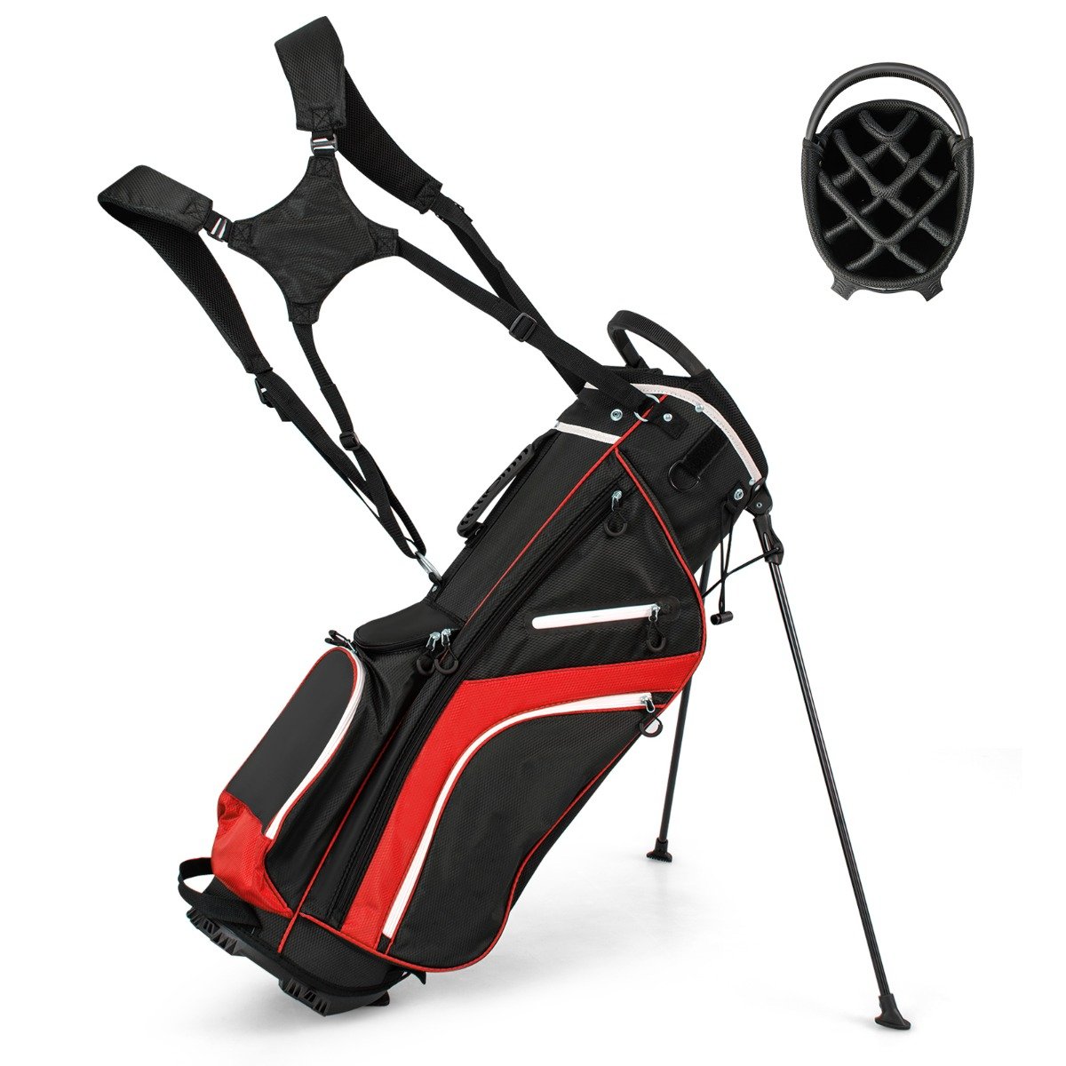 OVMYA Golf Stand Bag wIth 14 Way Top Dividers 6 Pockets Cooler Bag Dual Strap and Rain Hood-Red - Savings Store