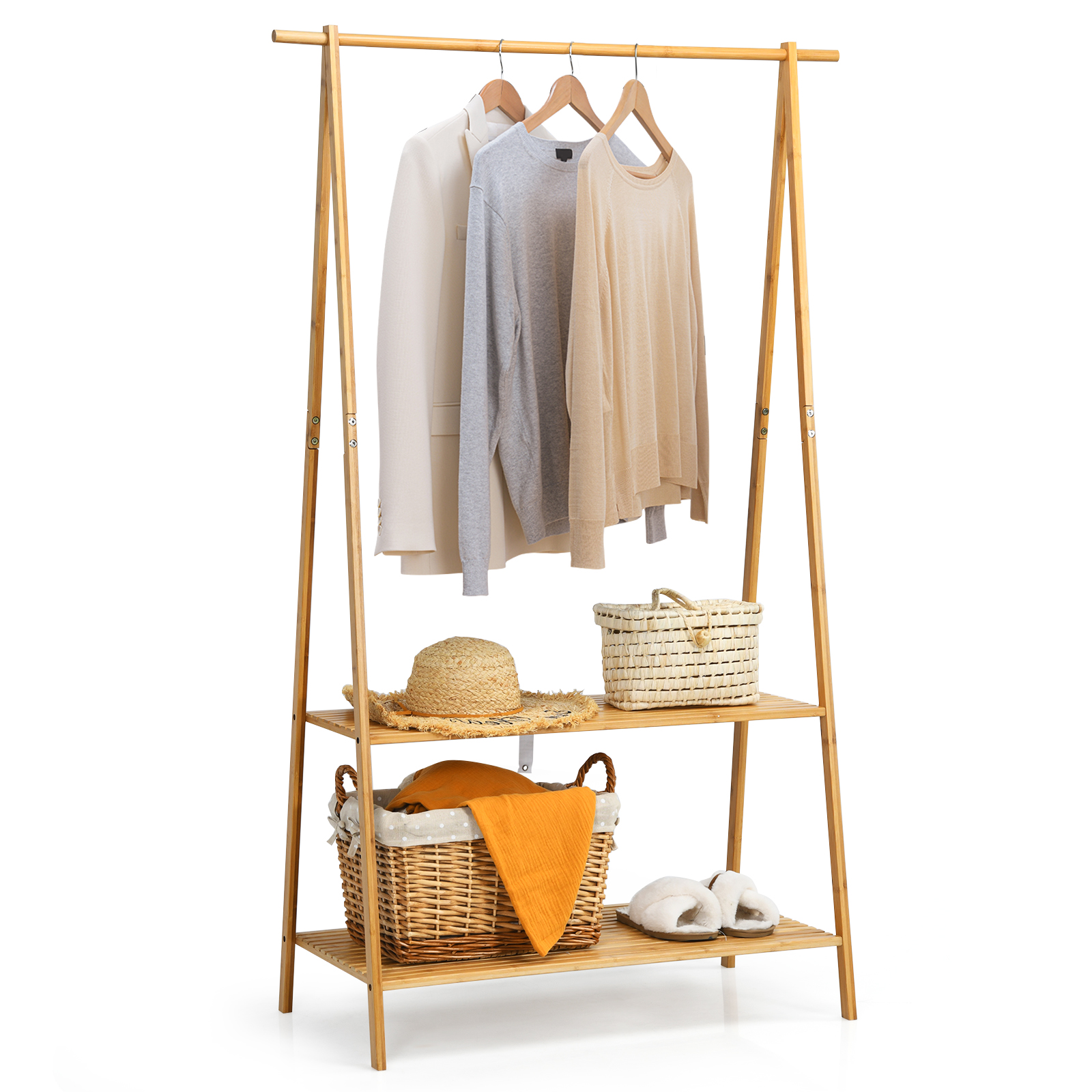 Bamboo Garment Rack with Hanging Rod 2 Shelves and Hooks-Natural - Savings Store