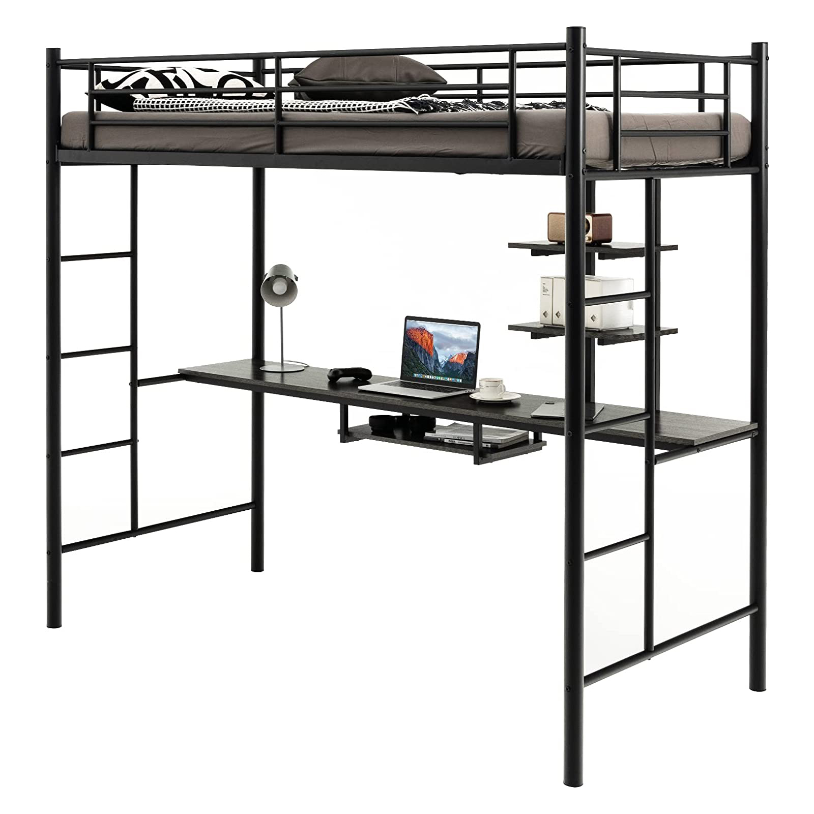 Metal Bunk Bed Frame High Sleeper with Desk and Storage Shelves-Black - Savings Store
