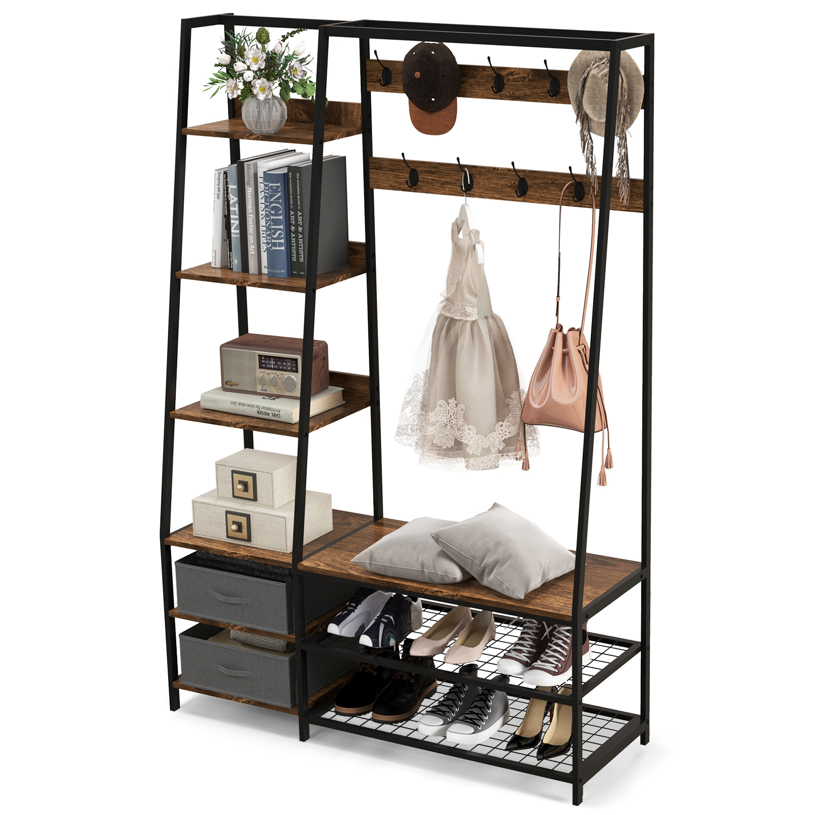 6-in-1 Freestanding Garment Coat Rack with 9 Hooks and 6 Storage Shelves - Savings Store
