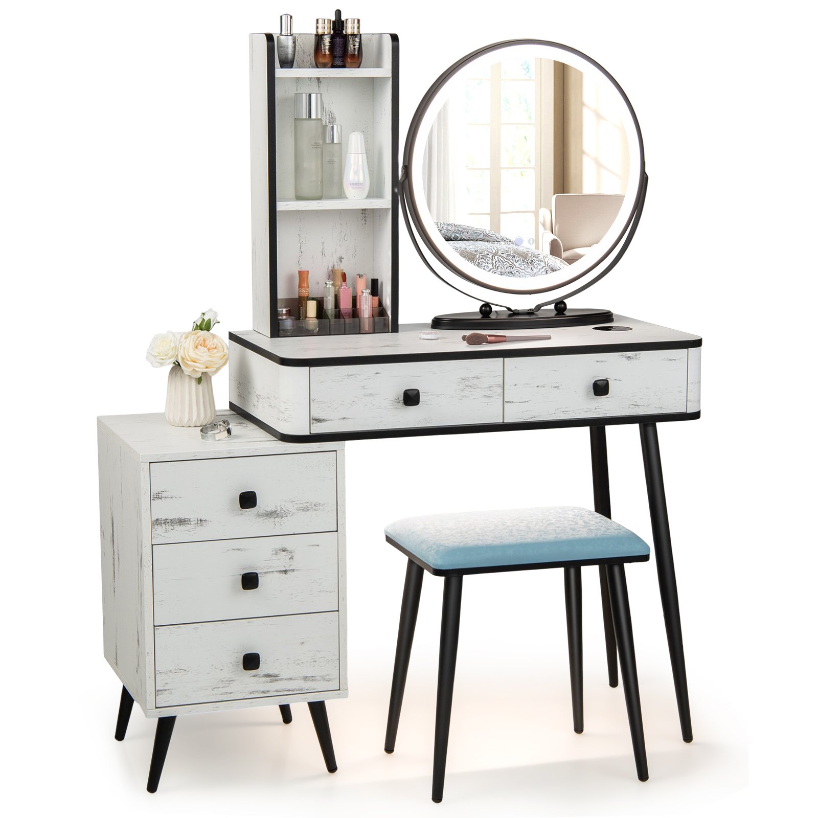 URNE Vanity Table Set with 3-Colour Round Mirror and Charging Station-White - Savings Store