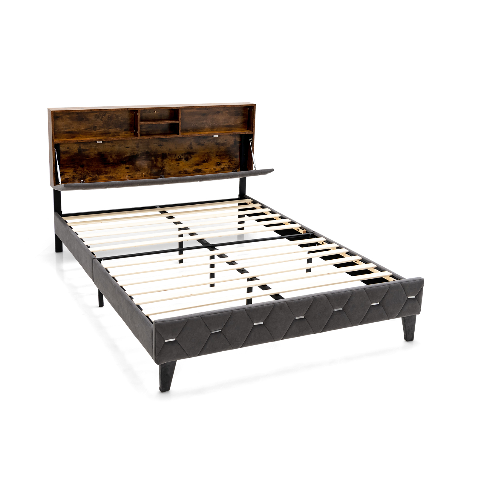 Single/Double Bed Frame with Storage Headboard and Slat Support-Double Size - Savings Store