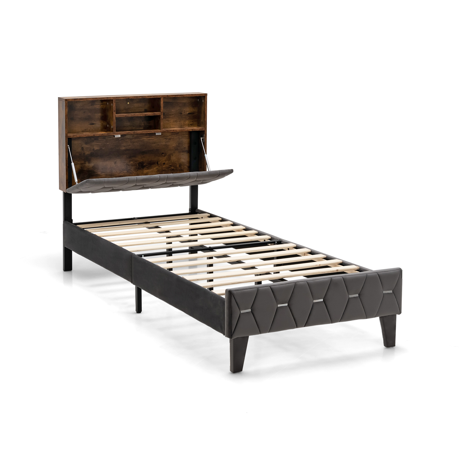 Single/Double Bed Frame with Storage Headboard and Slat Support-Single Size - Savings Store