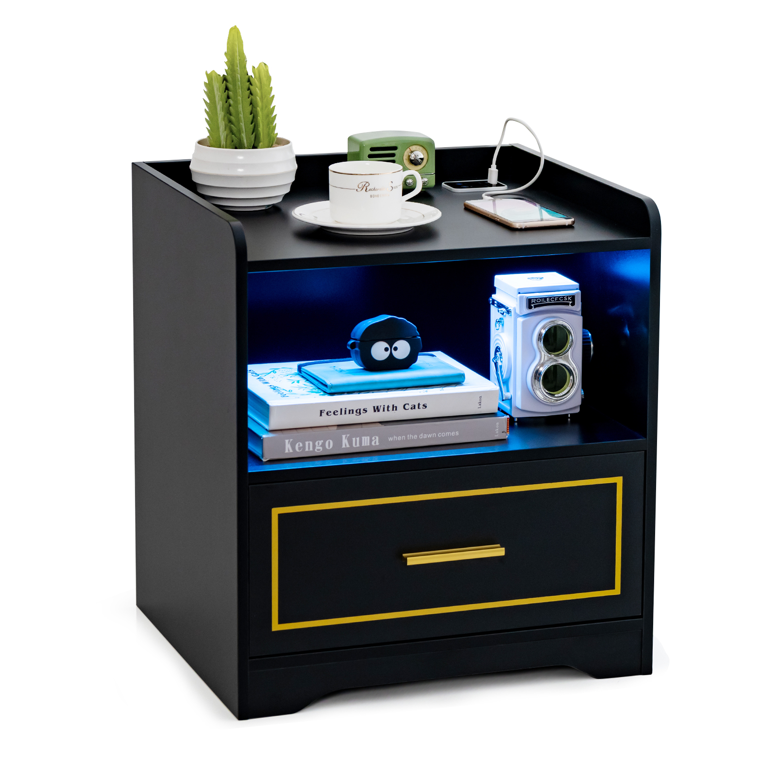 Bedside Table - FERGUS Nightstand Black 40cm - Savings Store