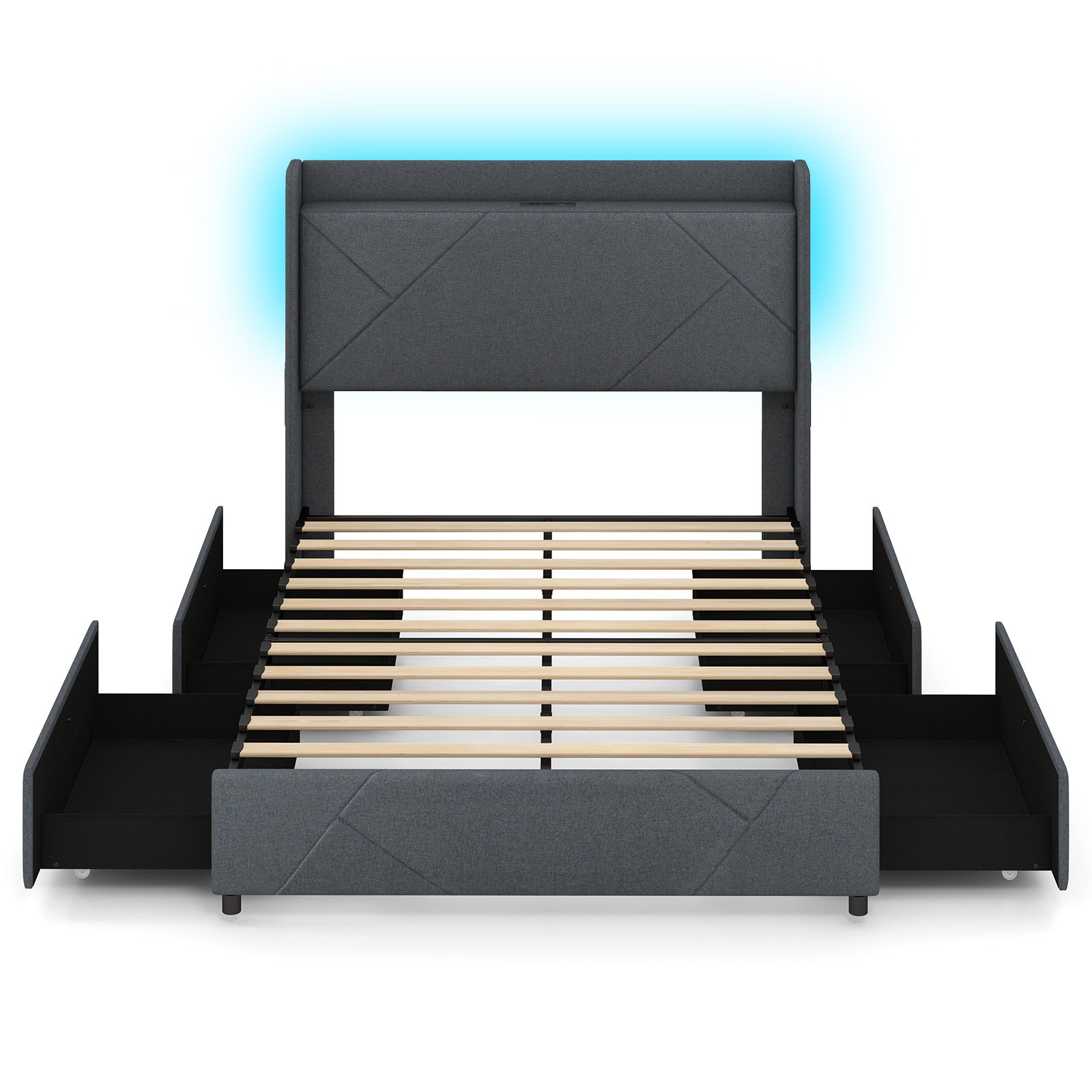 Double Bed - Bedframe with LED Lights and Charging Station - Grey - Savings Store