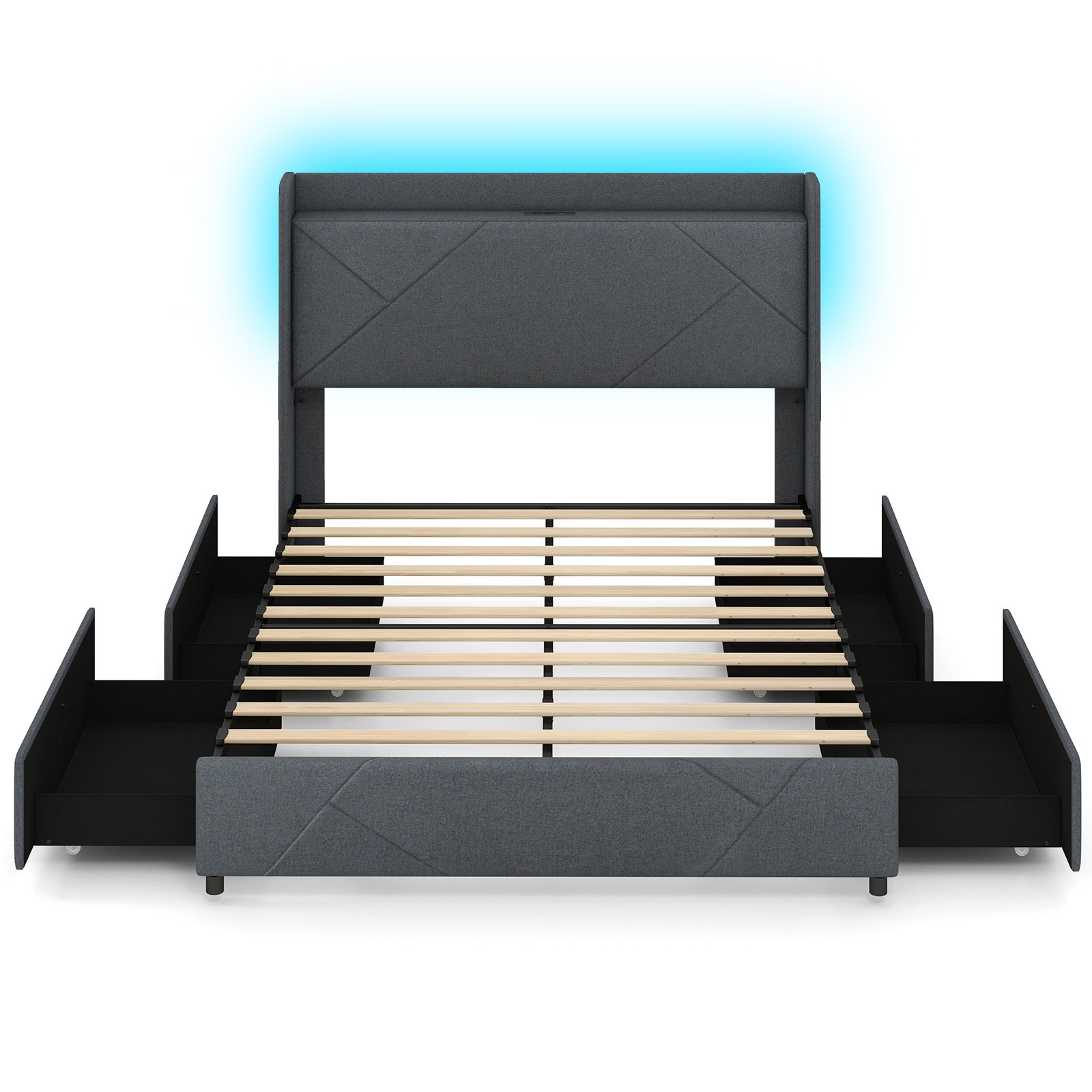 Kingsize Bed - ORLANDO 5ft Metal Bed with LED Lights and Charging Station Grey - Savings Store