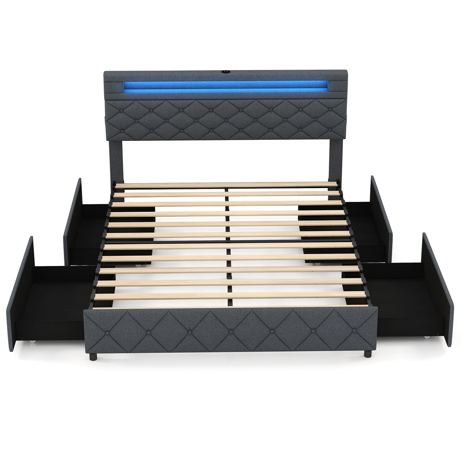 Kingsize Bed - Modern Upholstered Bedframe with Led Lights and Charging Station - Grey - Savings Store