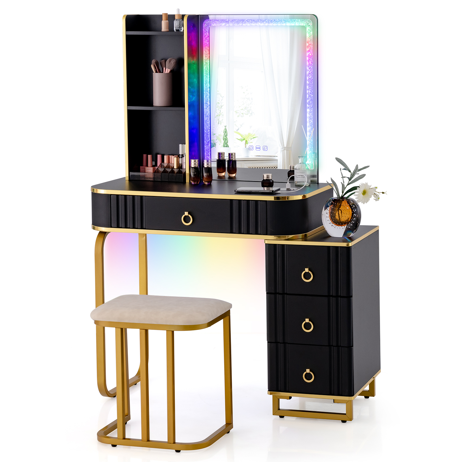 RGB LED Vanity Set with Mirror and Lights-Black - Savings Store
