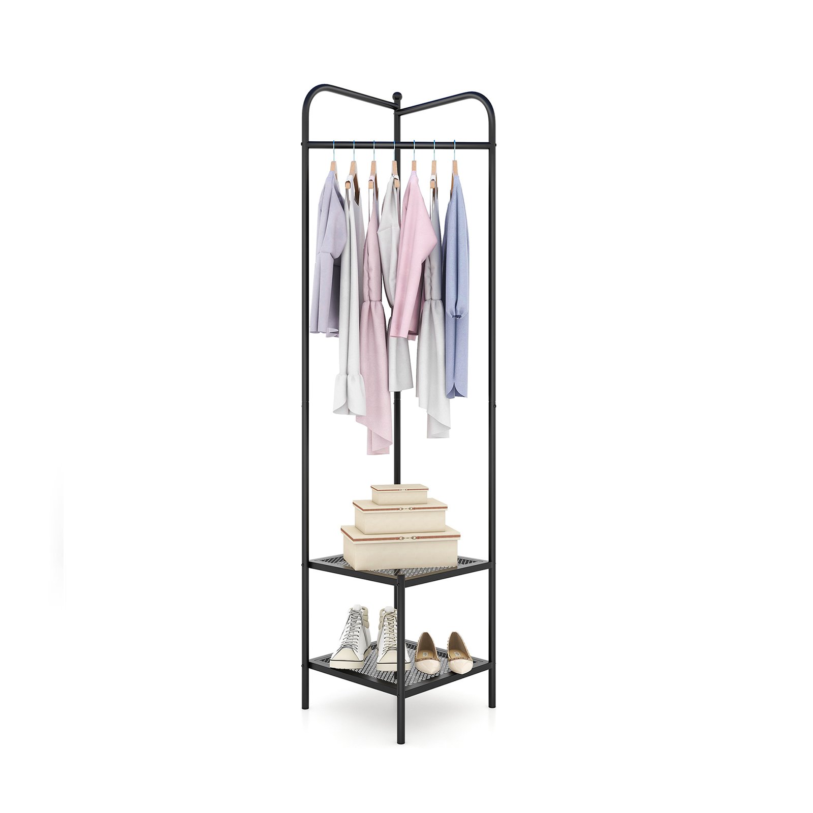 Coat Rack - Corner Coat Rack with Shelves and Top Hanger-Black - Savings Store