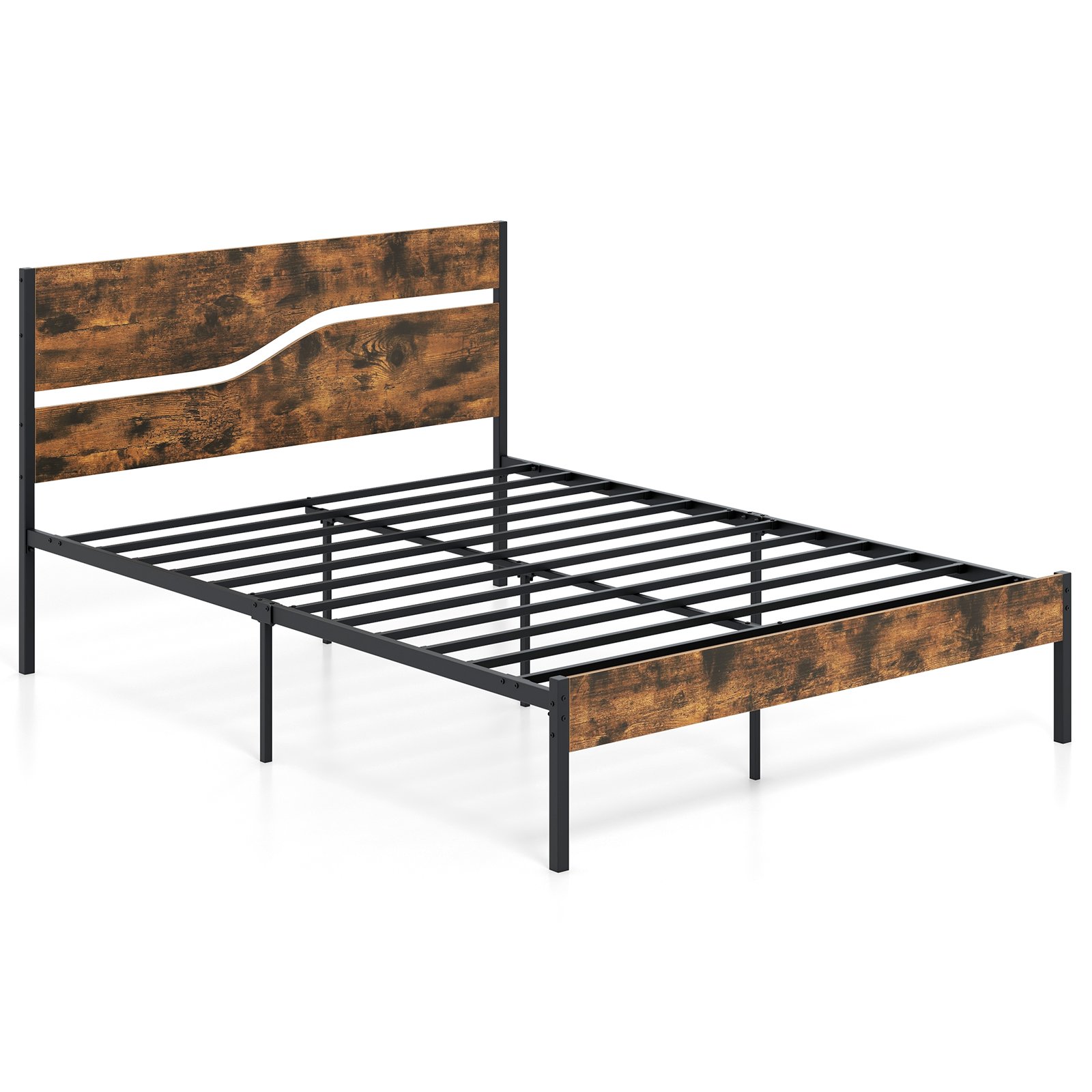 Kingsize Bed - NOVARA Metal Bedframe with Wooden Headboard and Footboard - Brown - Savings Store