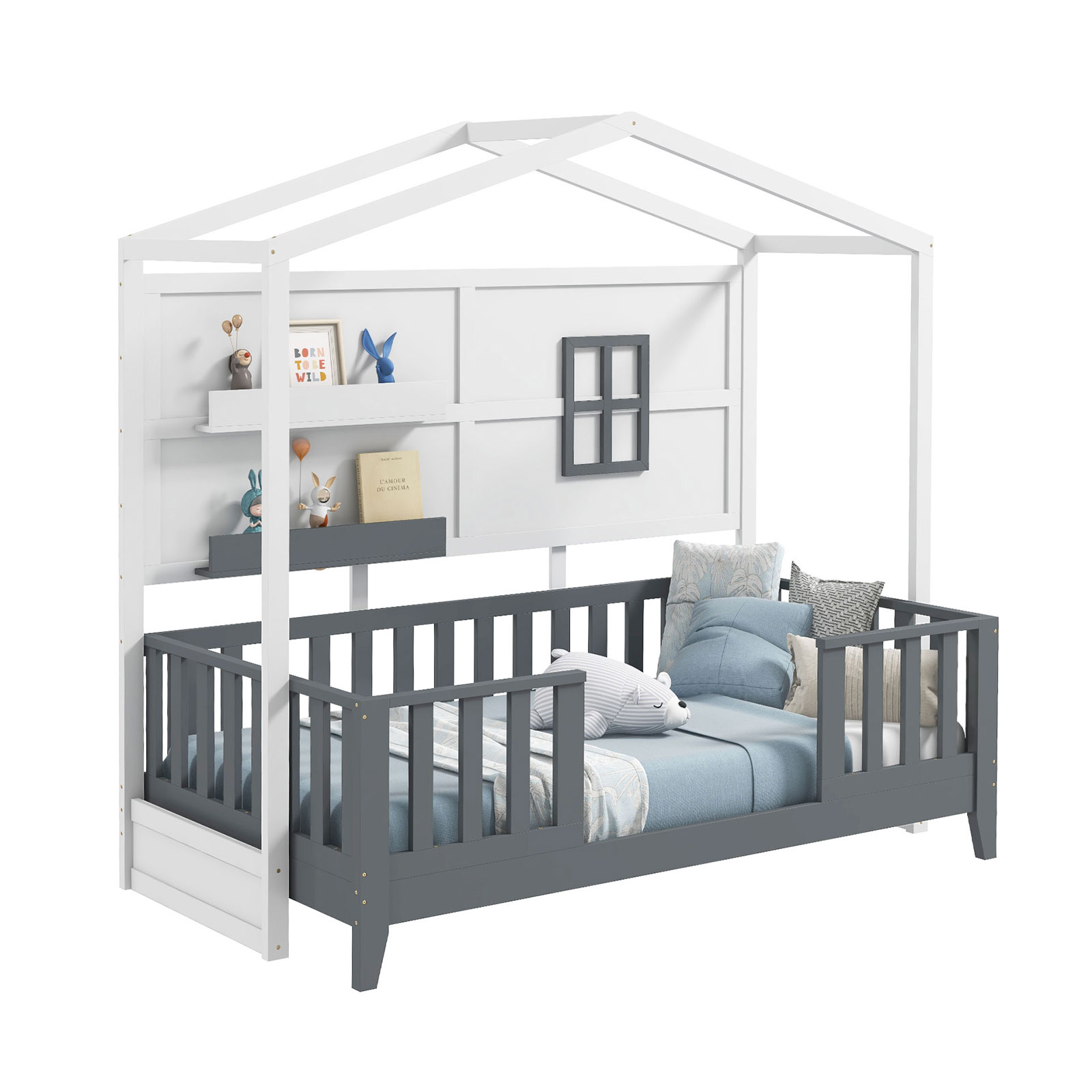 Single Bed - OCALA 3ft Kid's Bed with 2 Shelves and Guardrails White and Grey - Savings Store