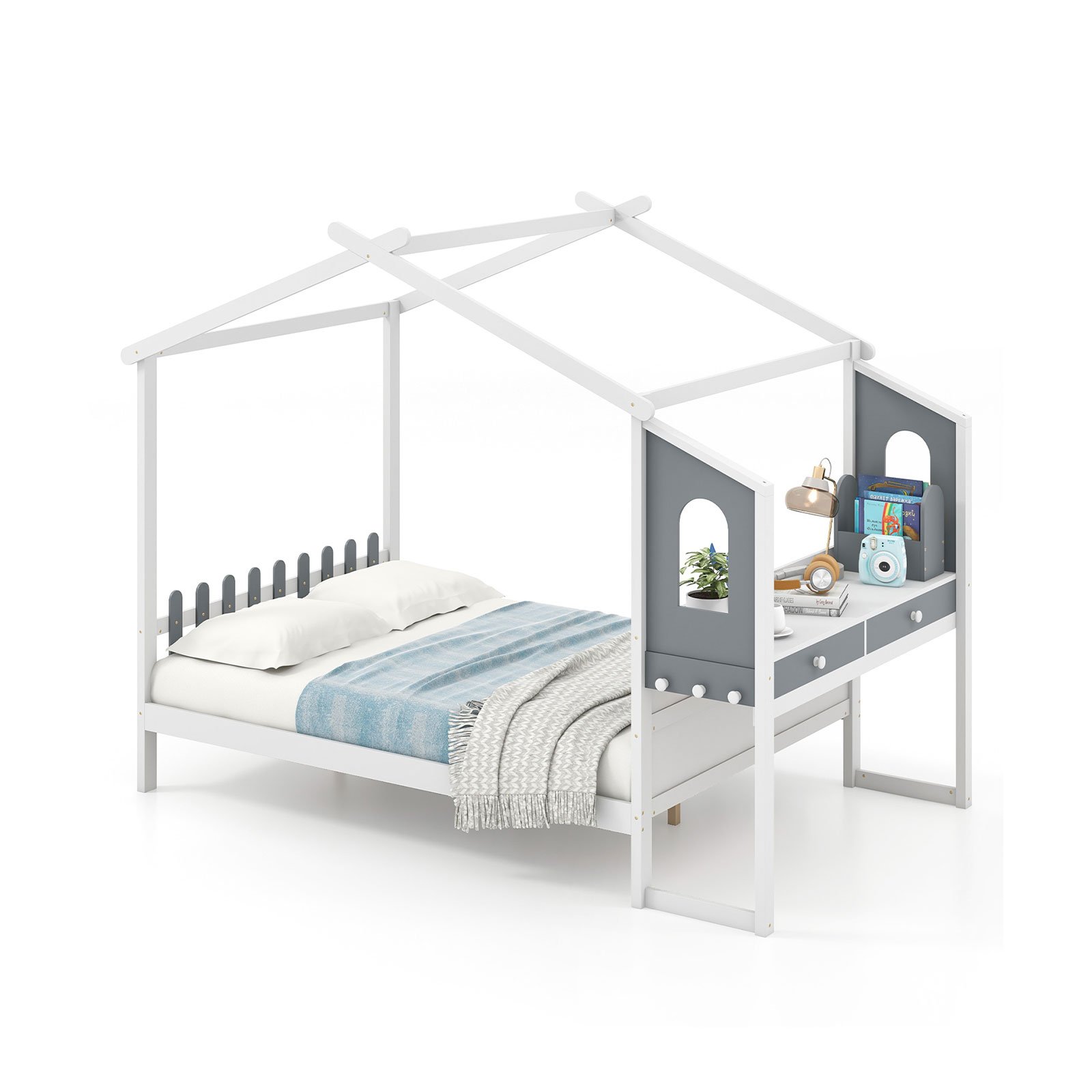 Double Bed - DOVER 4ft6 Wooden Bed with Desk White and Gray - Savings Store